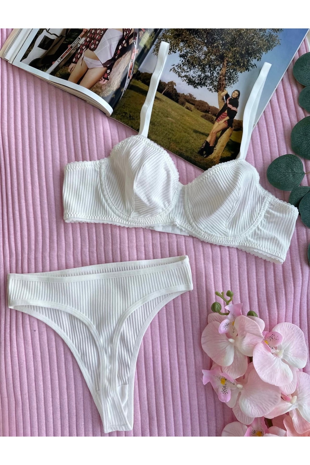 White Cotton Underwire Bra Briefs Set – Soft Textured Bra Thong Set