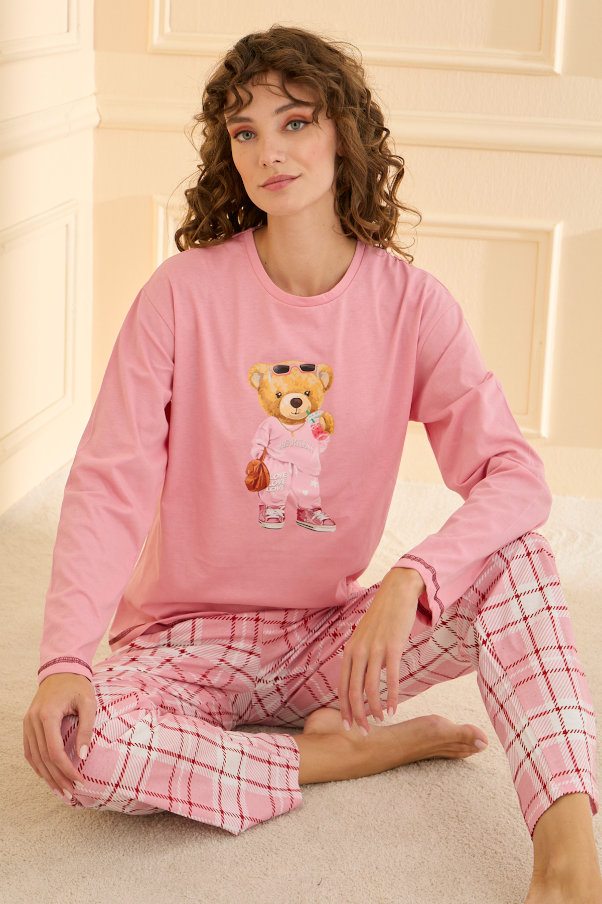 Katebush 100% Cotton Long Sleeve Women's Pink Pajamas Set