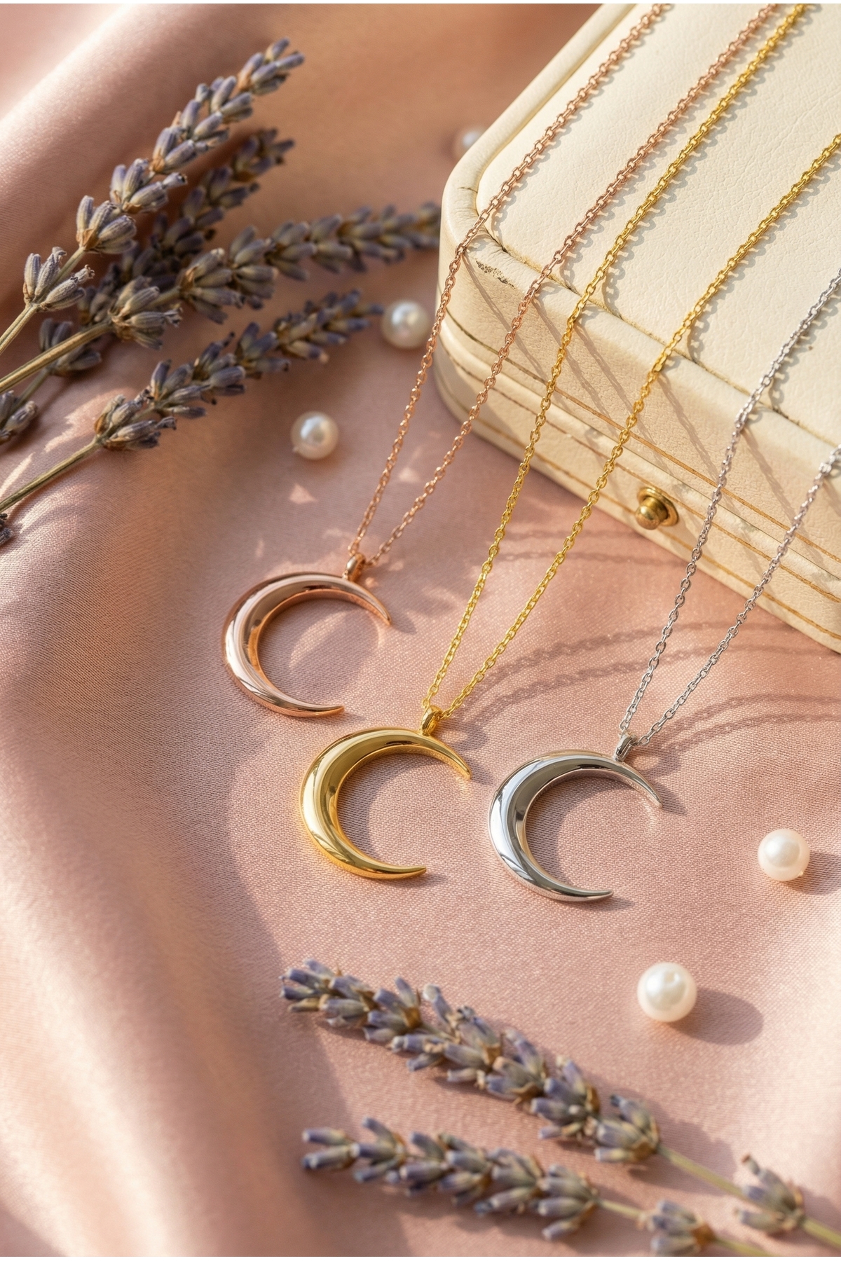 neshely jewelry 925 Ayar Orjinal Gümüş Hilal Ay Gold Rengi Gümüş Kolye görsel 3