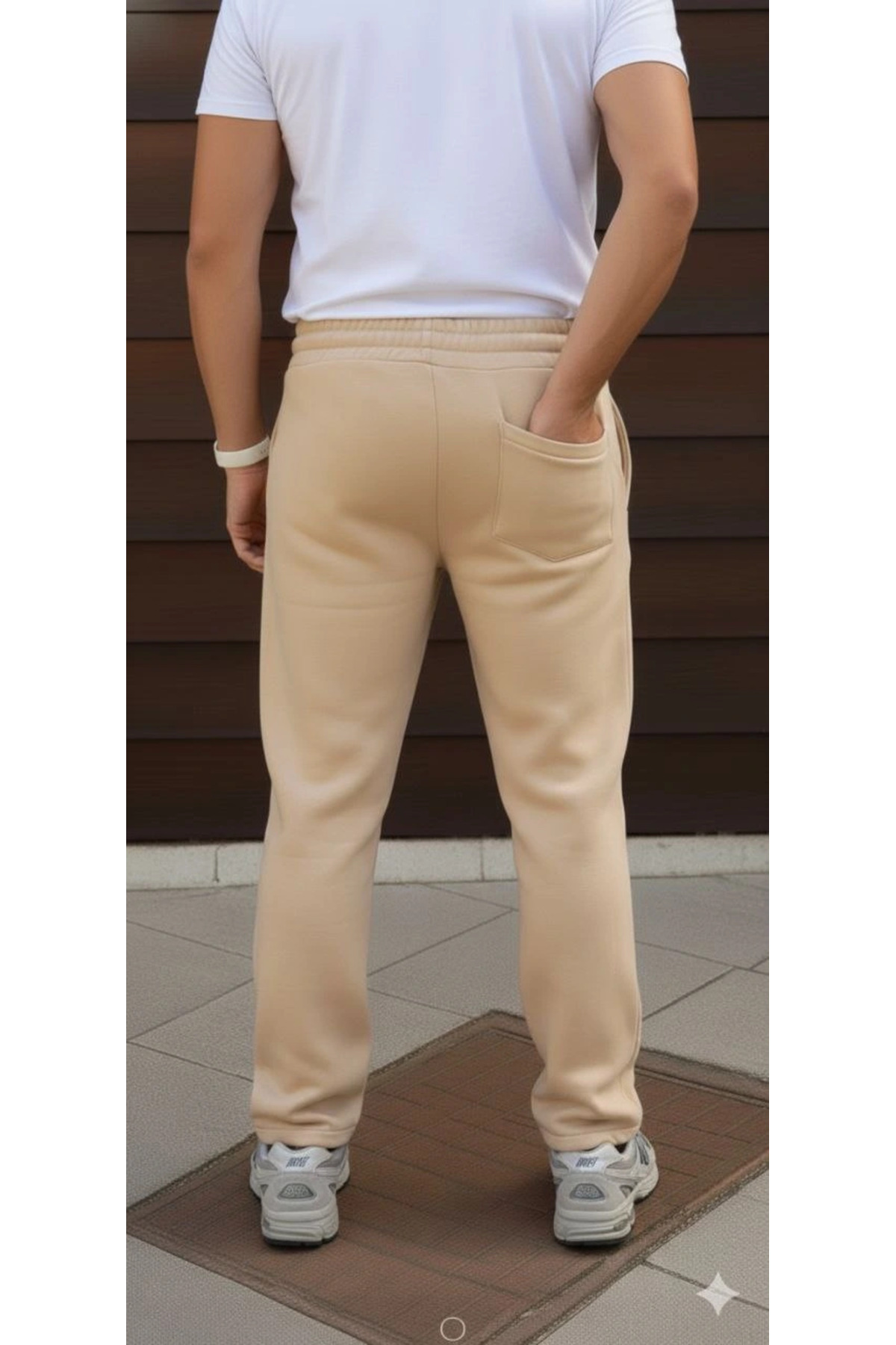 pilelistore Üç iplik Kışlık Pamuklu Ovarsize Bağcıklı Düz Paça Cepli Eşofman Altı Spor Rahat Model - Bej fotoğrafı 2 (önizleme)