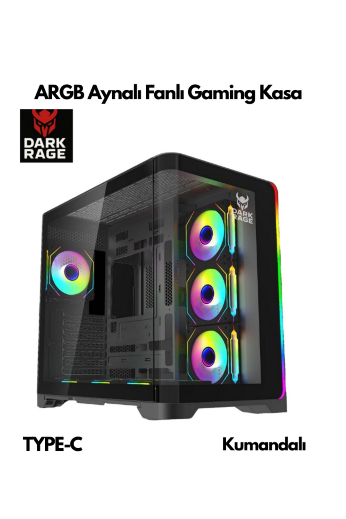 ATAsoft ELEKTRONİK Since 2021 Siyah ARGB 7 Ayna Fanlı 7x120mm Kumanda + Tuş RGB Kontrollü Kavisli Gaming Akvaryum Kasa