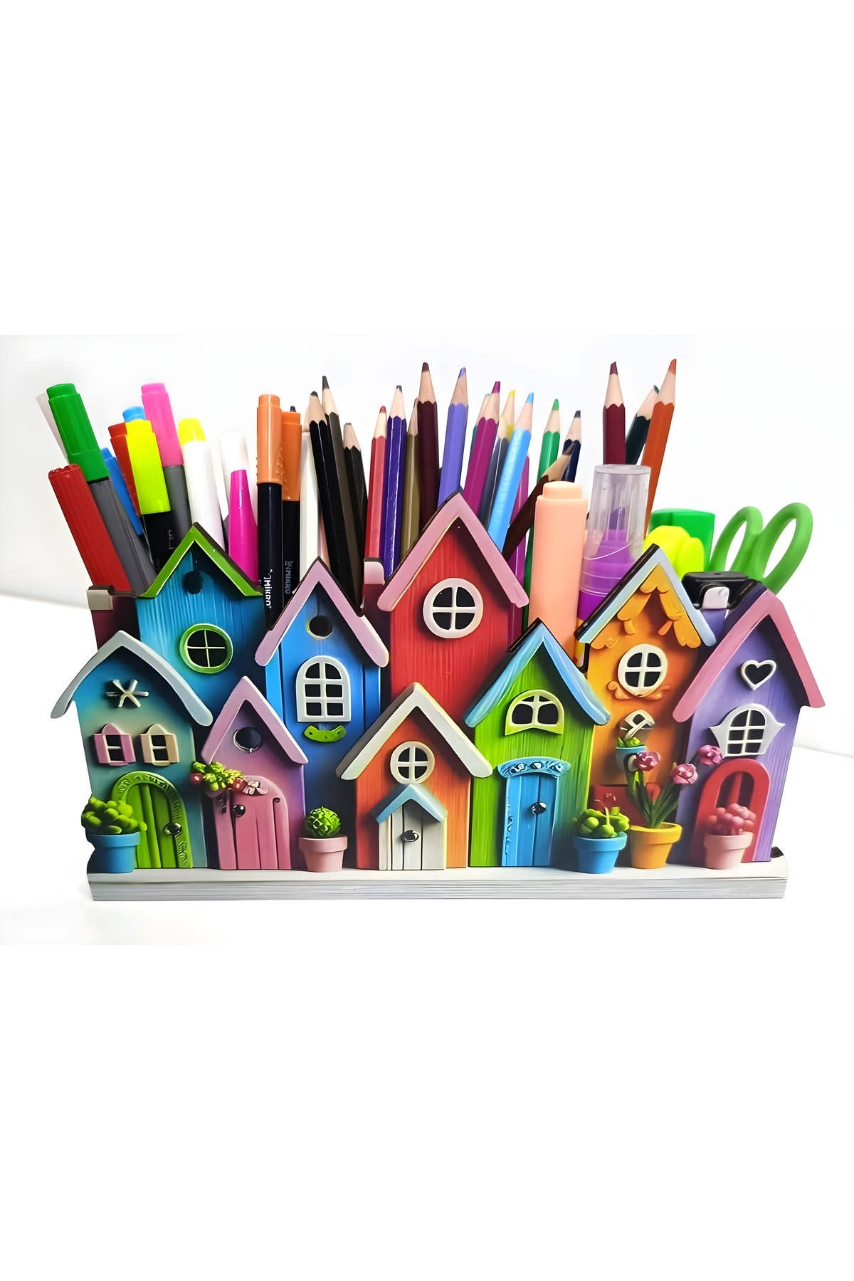 TuraLazerKesim Ξύλινα πολύχρωμα σπιτάκια Θήκη για στυλό για επιτραπέζια χρήση...