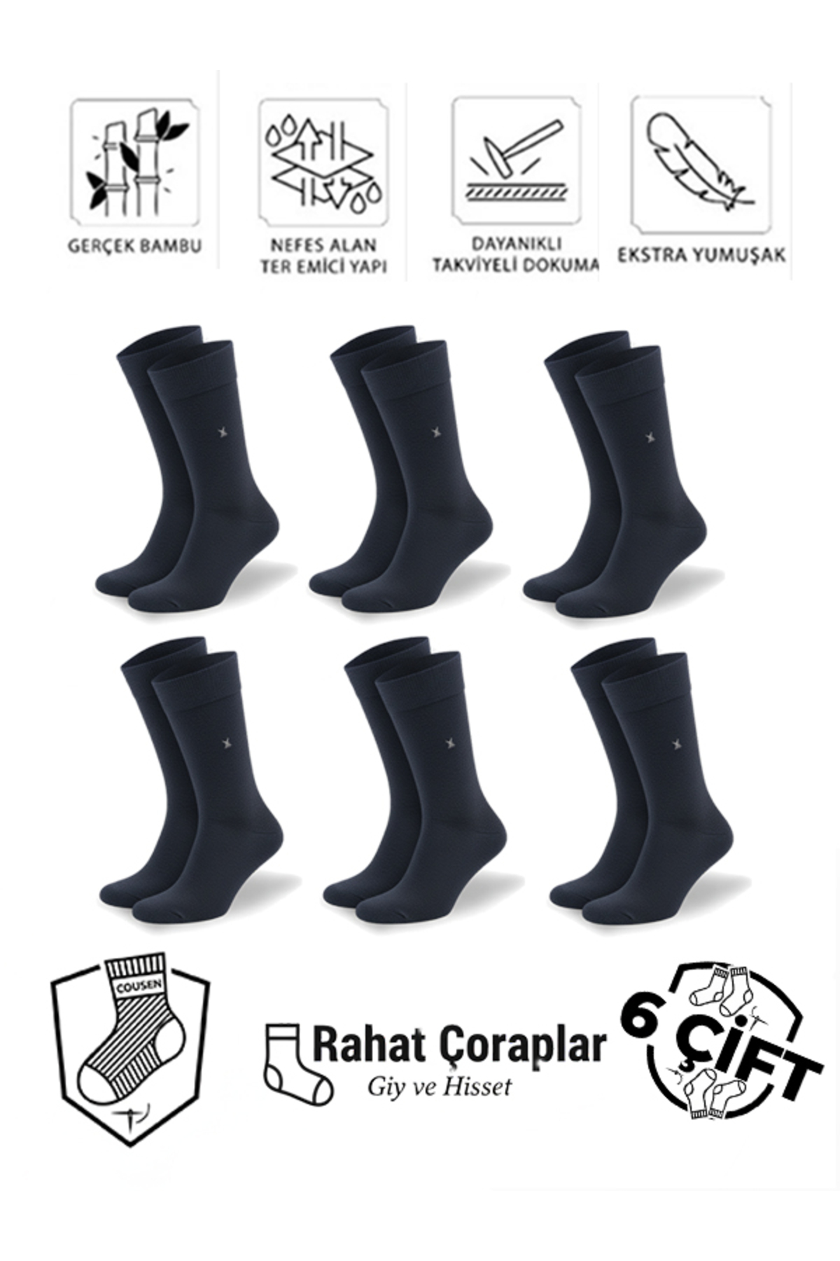 6-Piece Premium Men's Classic Long Bamboo Sock Assortment Set