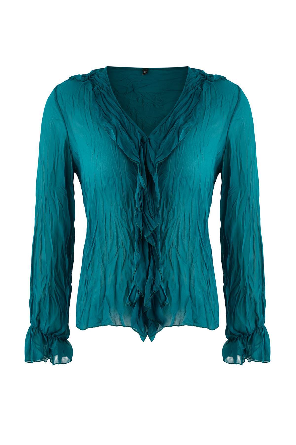 Trendyolmilla  Petrol Kırışık Görünümlü Şifon Transparan Gömlek TWOAW26GO00070 - Görsel 5