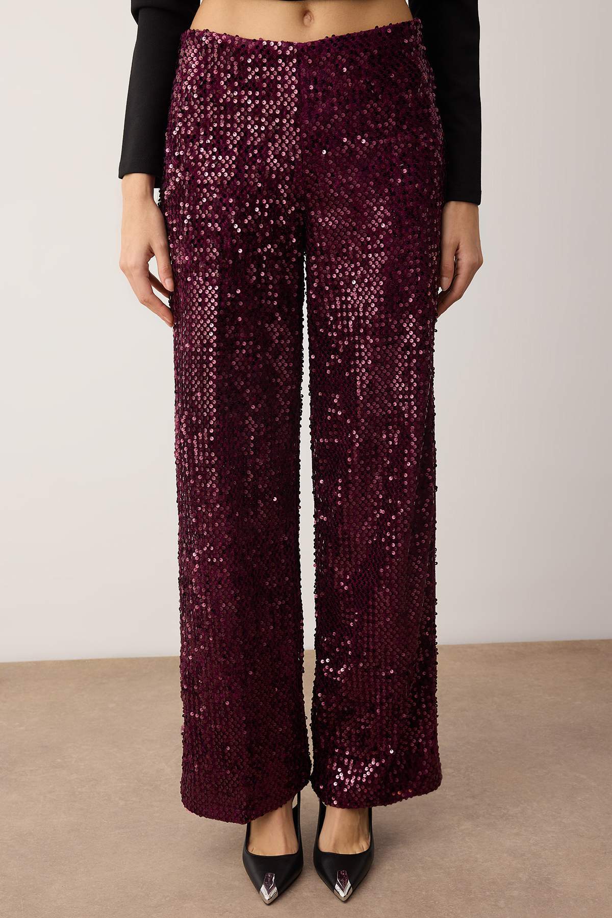 Trendyolmilla  Mürdüm Wide Leg/Geniş Paça Örme Payet Şık/Gece Pantolon TPRAW26PL00005 - Görsel 3