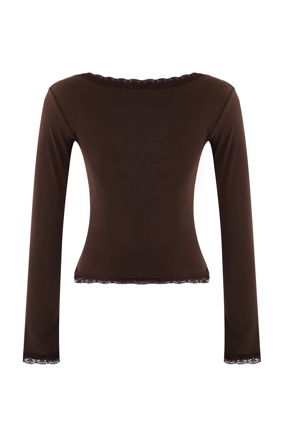 Trendyolmilla  Koyu Kahverengi Dantel Detaylı Kare Yaka Örme Party Bluz TPRAW26BZ00045 - Görsel 6