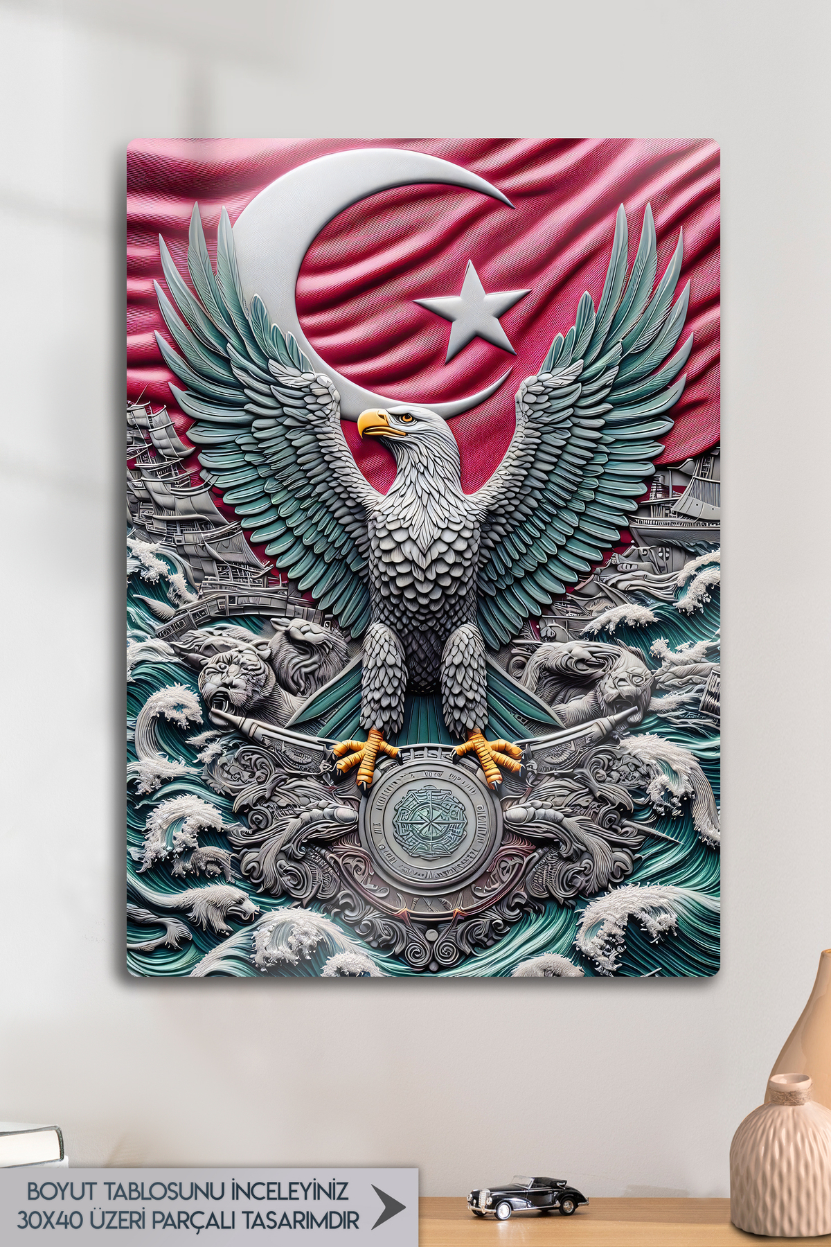 3D Metal Printing Embossed Appearance - Turkish Flag and Eagle Painting, Flag and Lion Figure Turkist Theme