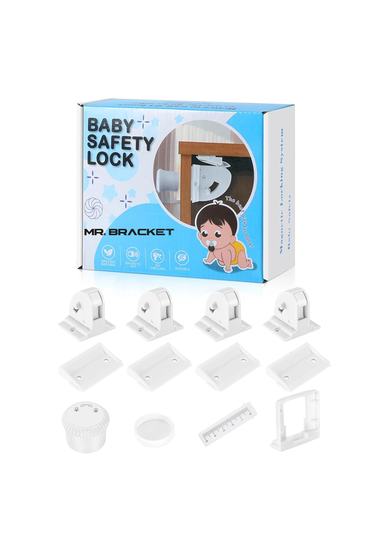 Reinforced 4 Locks + 1 Key Hidden Magnetic Cabinet Drawer Lock - Baby Safety Child Lock