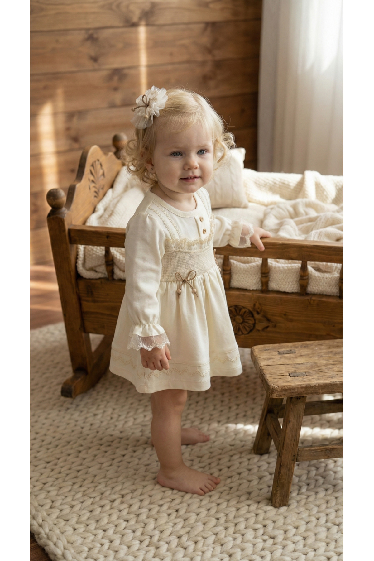 MONTİNA Kız Bebek Vintage Premium %100 Pamuk İnterlok Elbise ve Saç Bandı fotoğrafı 2 (önizleme)