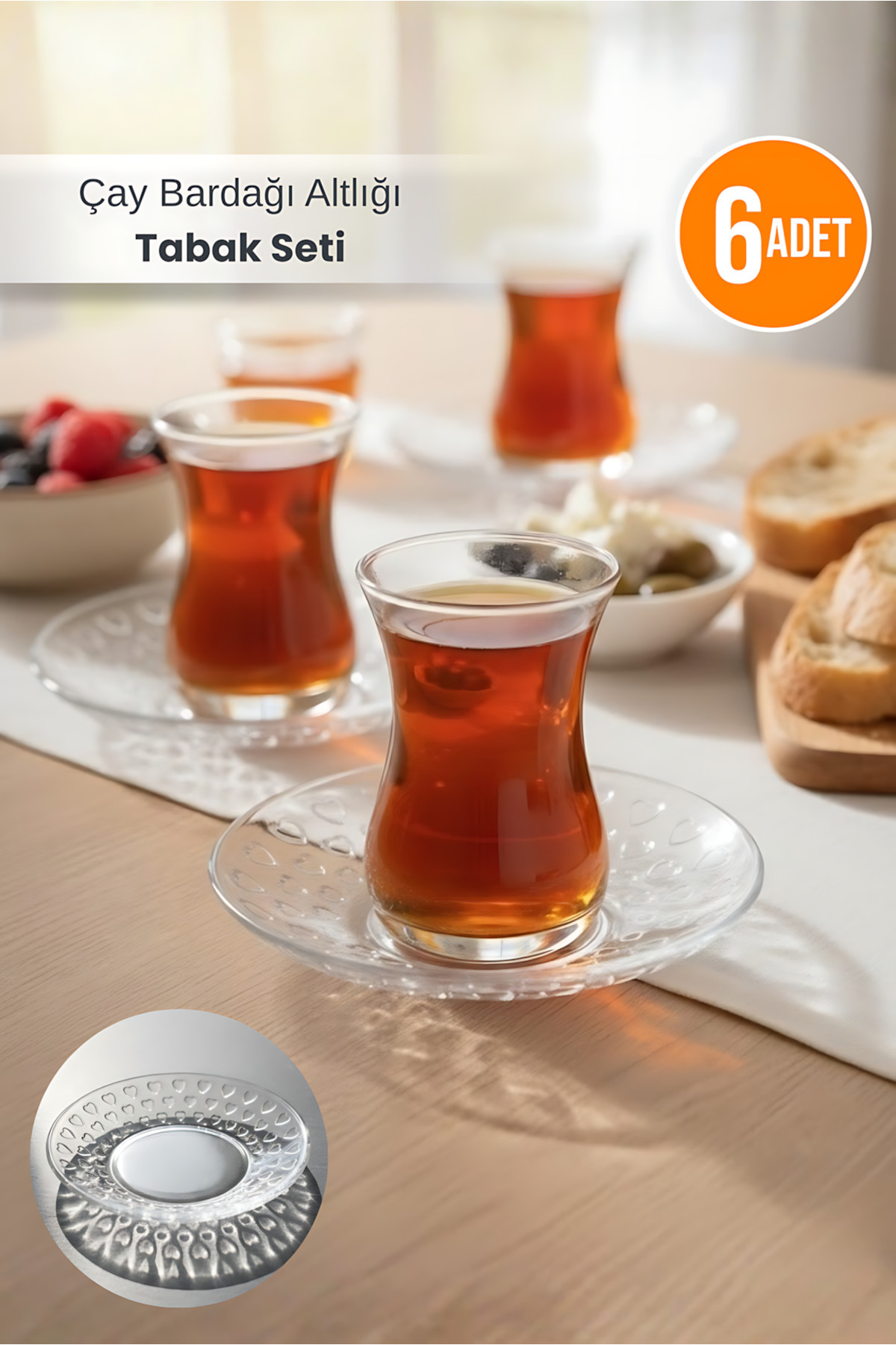 Orvila 6'Lı Çay Bardağı Altlığı Tabak Seti - Mika Kristal Çay Tabağı