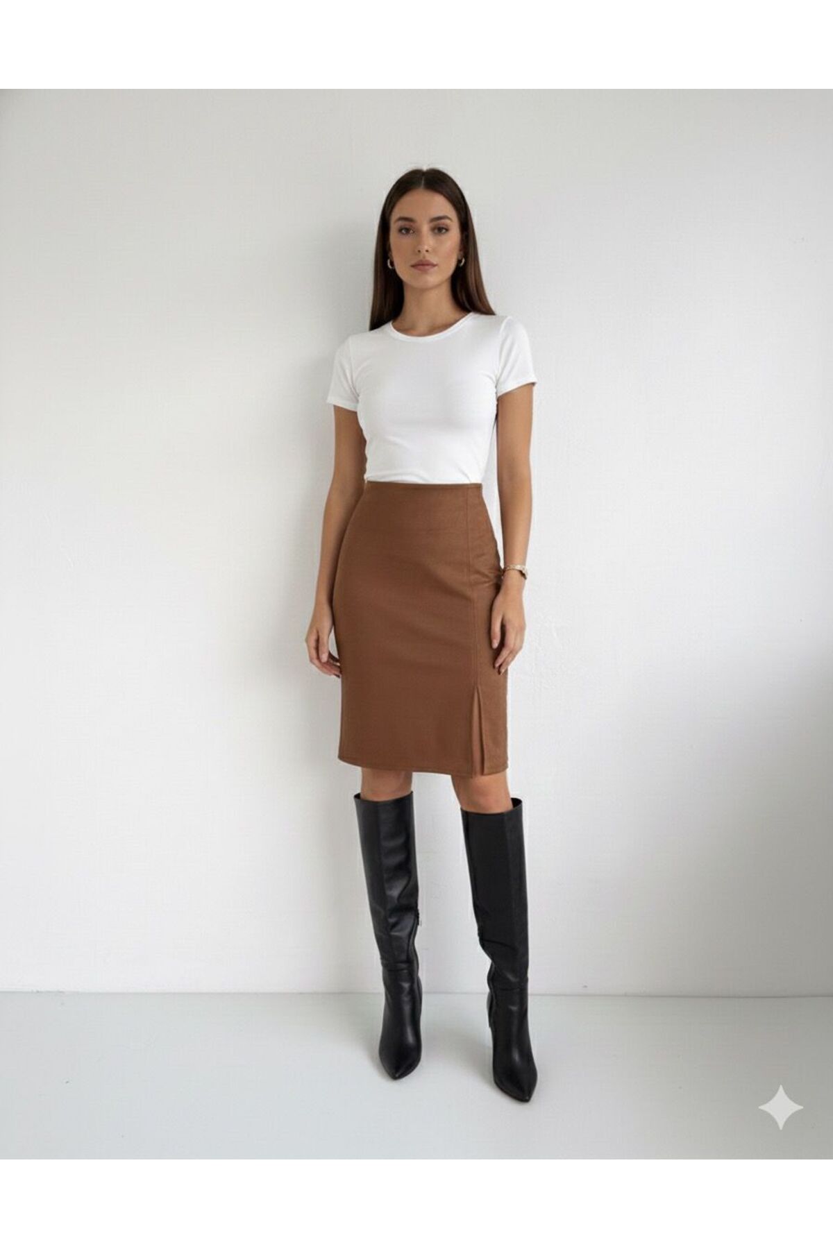 Green'DAL  Kadın Beli Lastikli Süet Kumaş Yırtmaçlı Kalem Etek - Görsel 3