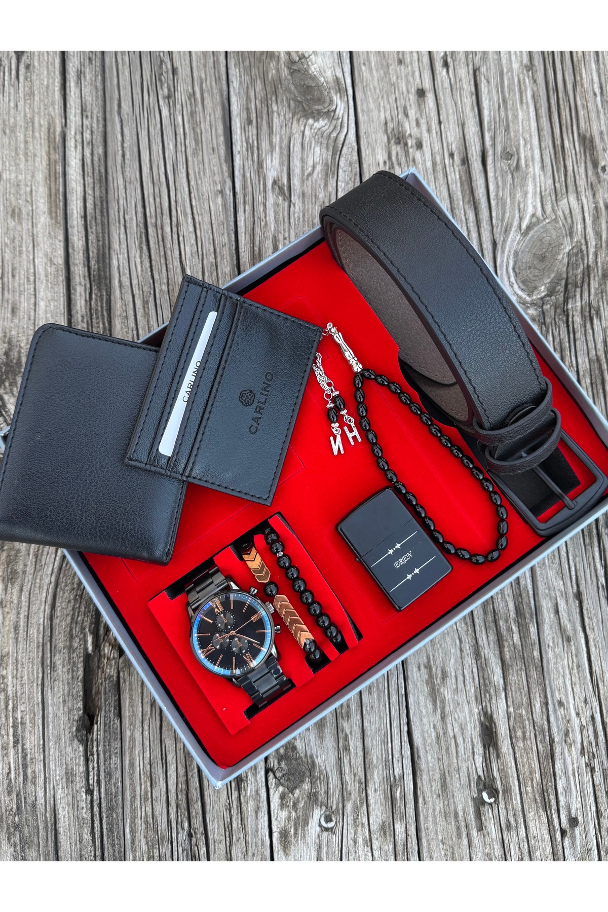 DEEPWELL Saat Çakmak Tesbih Kemer Cüzdan Kartlık Set Kmrst313