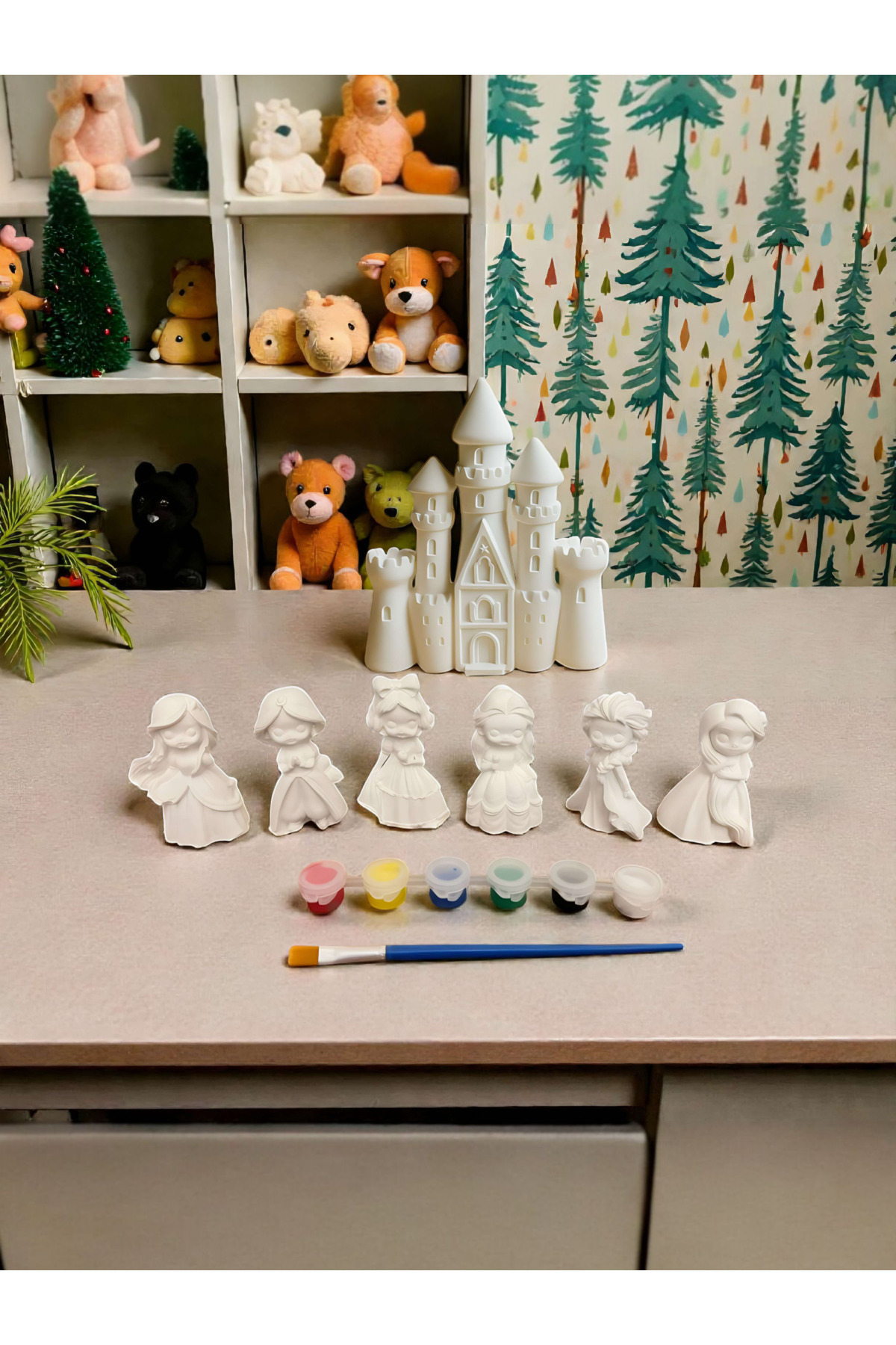 Atölye yüksel Prensesler ve Şato Taş Boyama Seti = 7 taş + 6 renk boya + firça