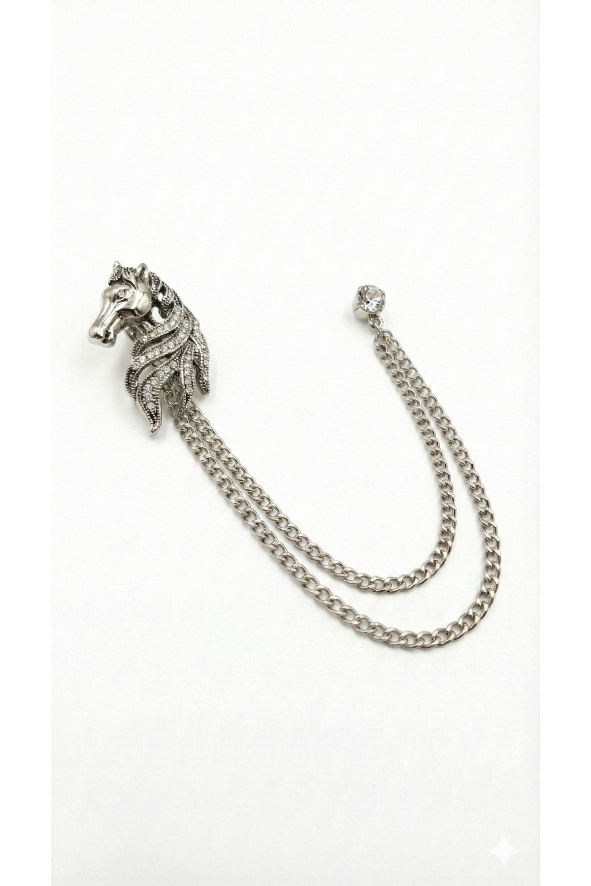  سنجاق یقه فلزی نقره‌ای خاکستری طرح اسب با زنجیر یقه تزیینی سنگی