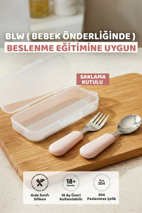Guqqo Silikon Saplı Paslanmaz Çelik Çatal Kaşık Seti, 18+ Ay, Pembe