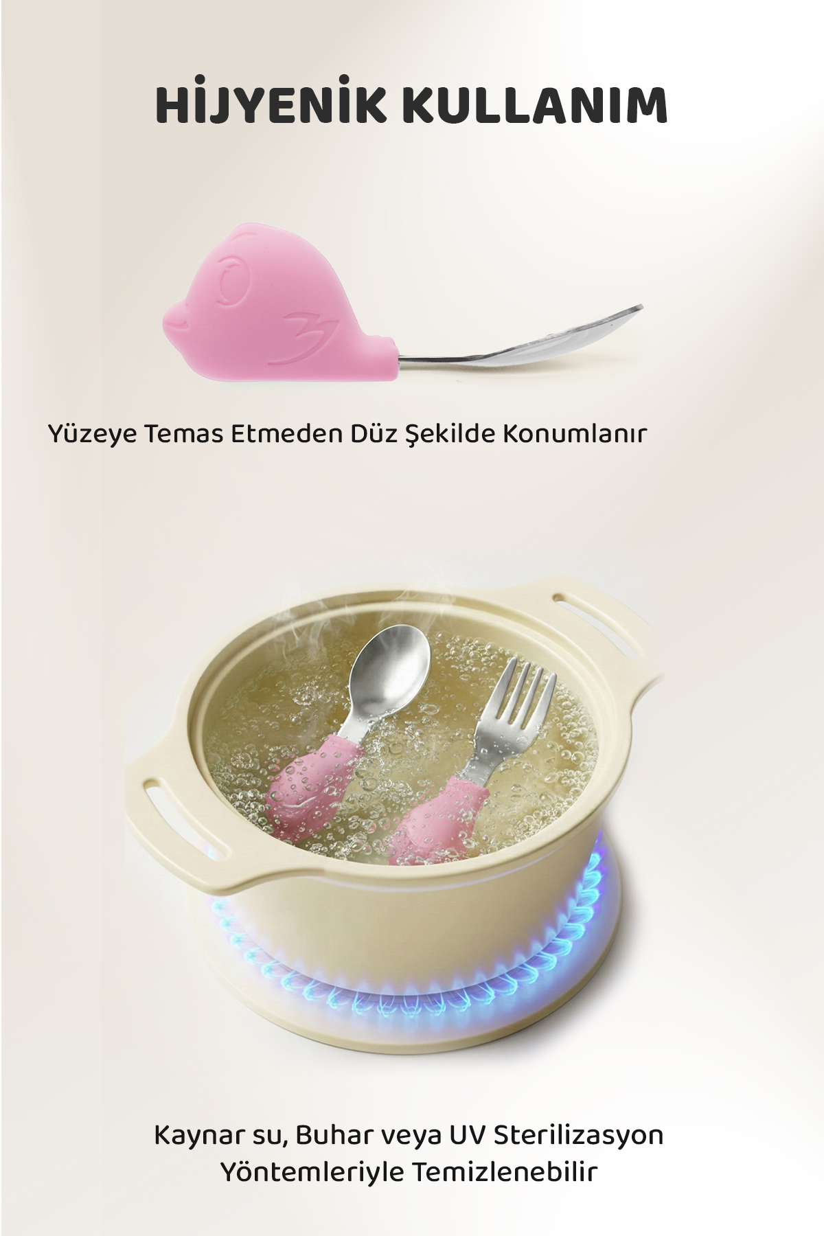Guqqo Bebek Silikon Saplı Çelik Kaşık Çatal Seti, BLW, Balık Desen, Taşıma Kutulu, Pembe fotoğrafı 4 (önizleme)