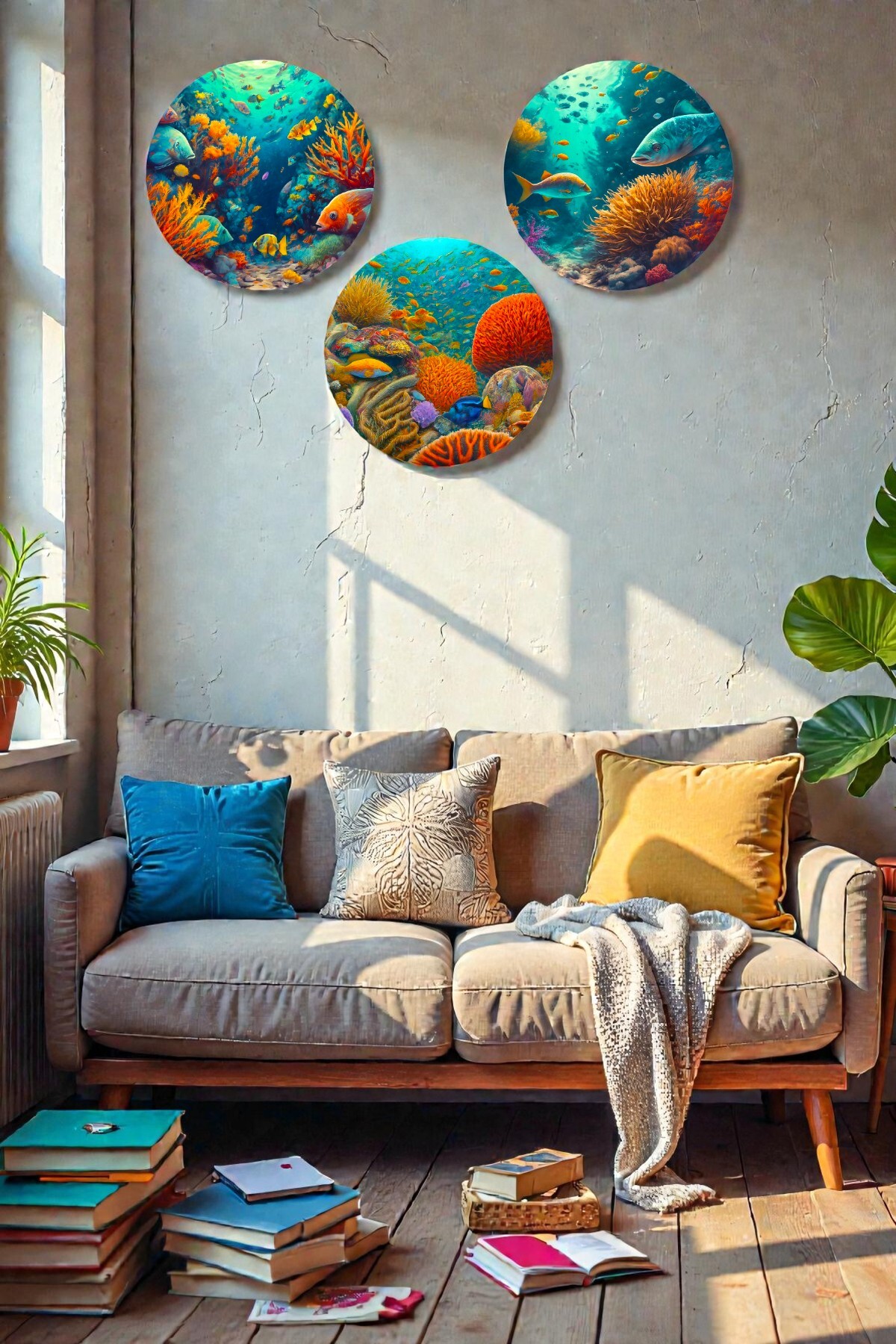 Submarine Life Illustration Wooden 3-Piece Painting Model, Living Room, Bedroom, Office, Home Wall Decoration