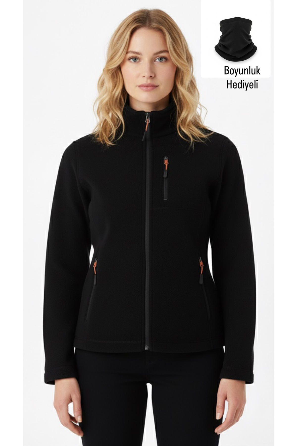 Unisex Kalın Kışlık Outdor Tam Boy Fermuarlı Göğüsten 3 Cepli Nakışsız Polar Ceket — مشکی Polar1