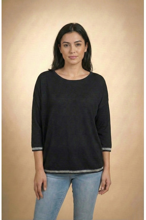 T Guel Kadın Siyah Kolu-etek Ucu Simli Fakir Kol Ince Kazak