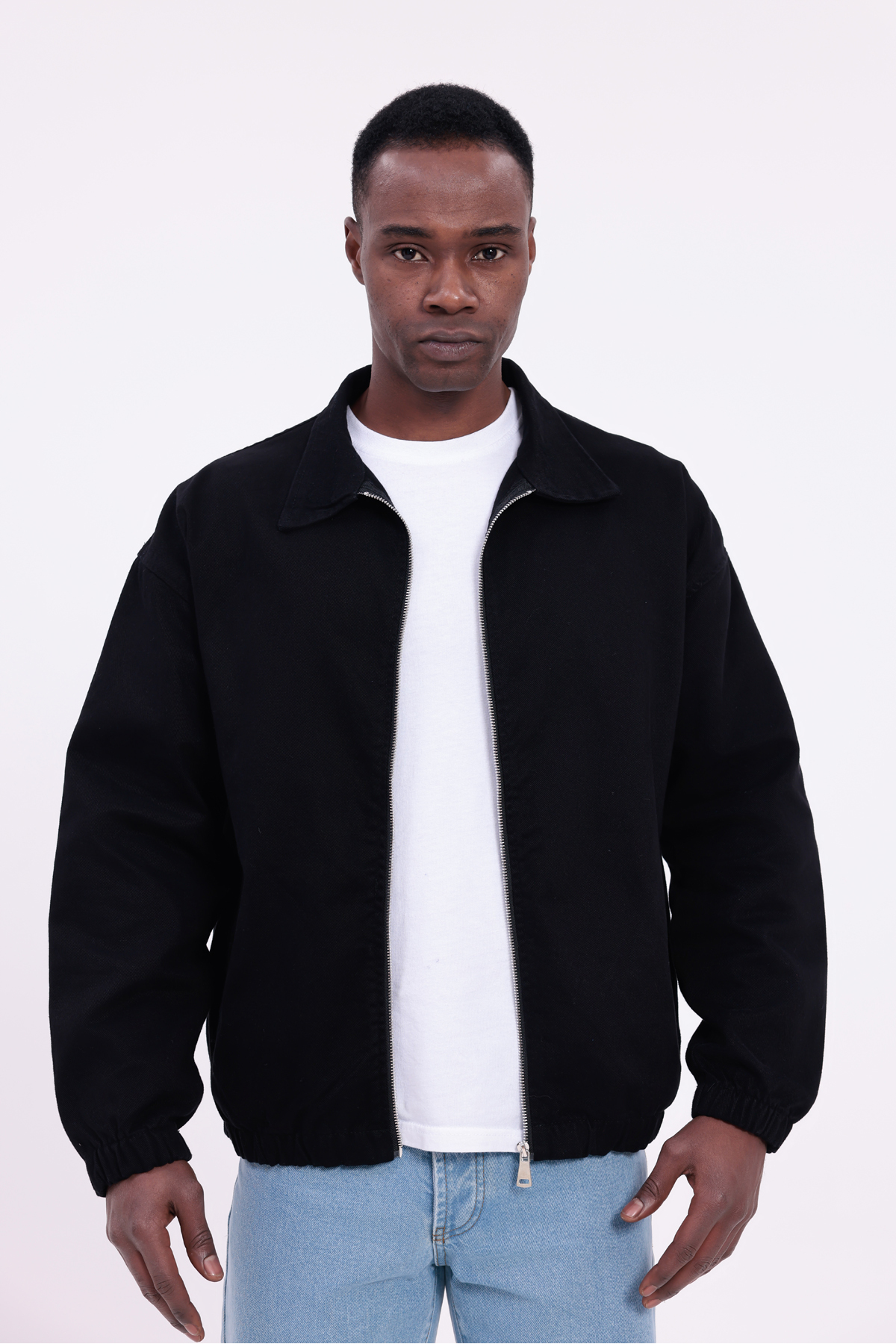 freemen  Erkek Basic Gabardin Kumaş Fermuarlı Oversize Mevsimlik Polo Yaka Siyah Ceket