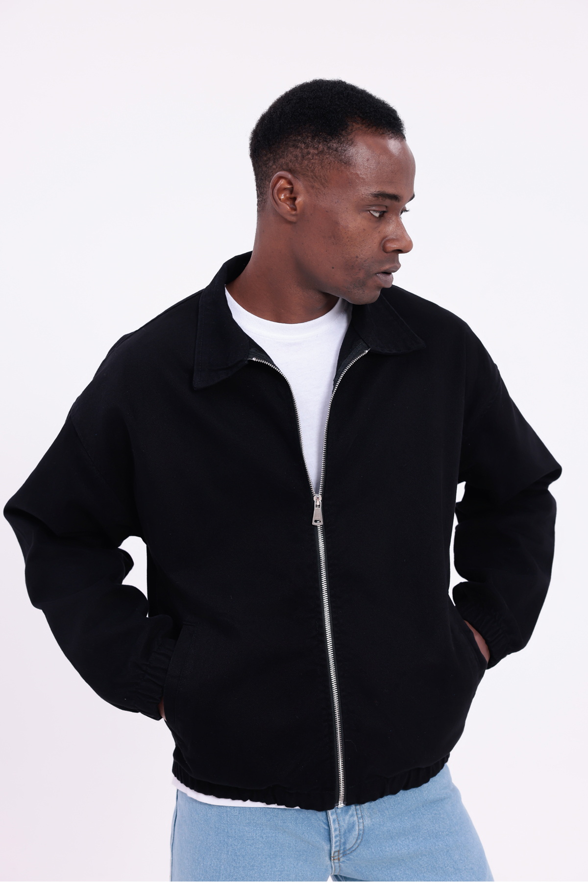 freemen  Erkek Basic Gabardin Kumaş Fermuarlı Oversize Mevsimlik Polo Yaka Siyah Ceket - Görsel 6