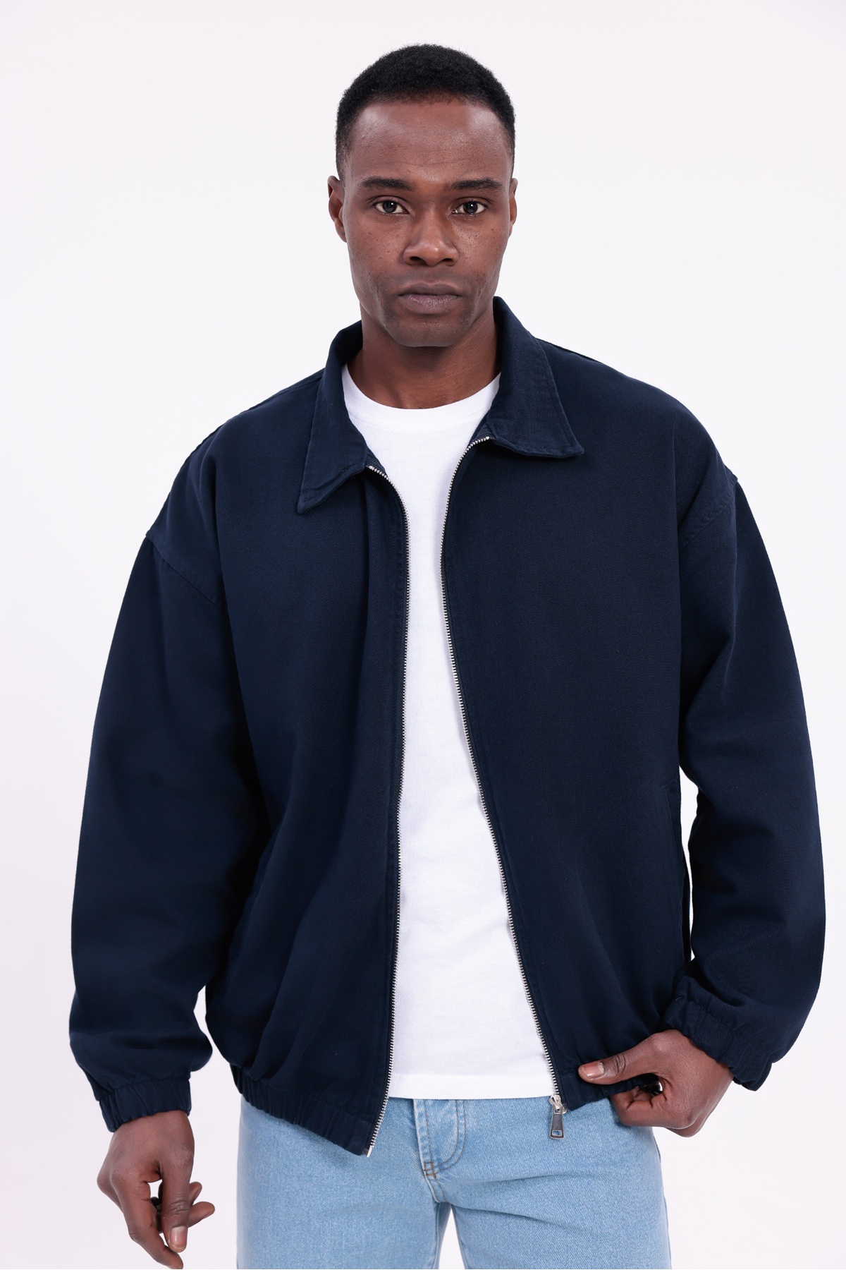 freemen  Erkek Basic Gabardin Kumaş Fermuarlı Oversize Mevsimlik Polo Yaka Lacivert Ceket