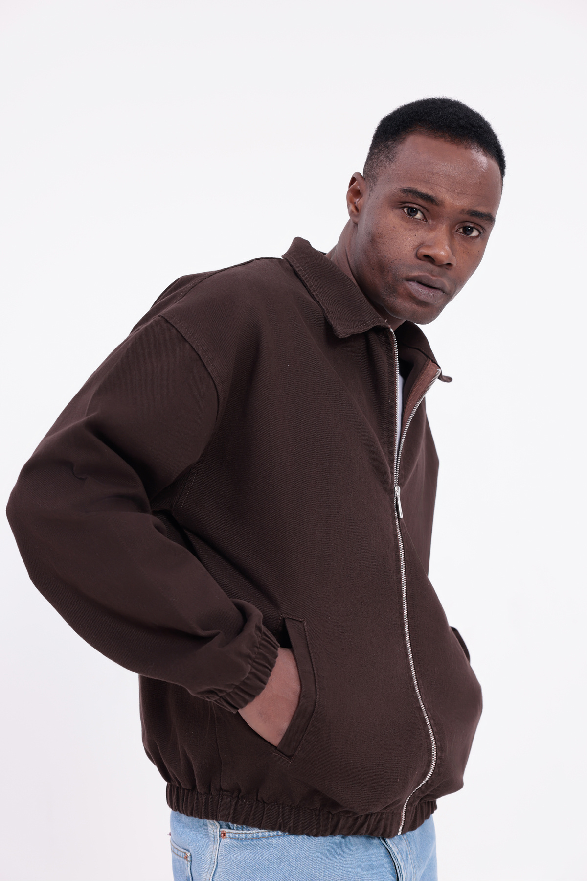 freemen  Erkek Basic Gabardin Kumaş Fermuarlı Oversize Mevsimlik Polo Yaka Kiremit Ceket - Görsel 7