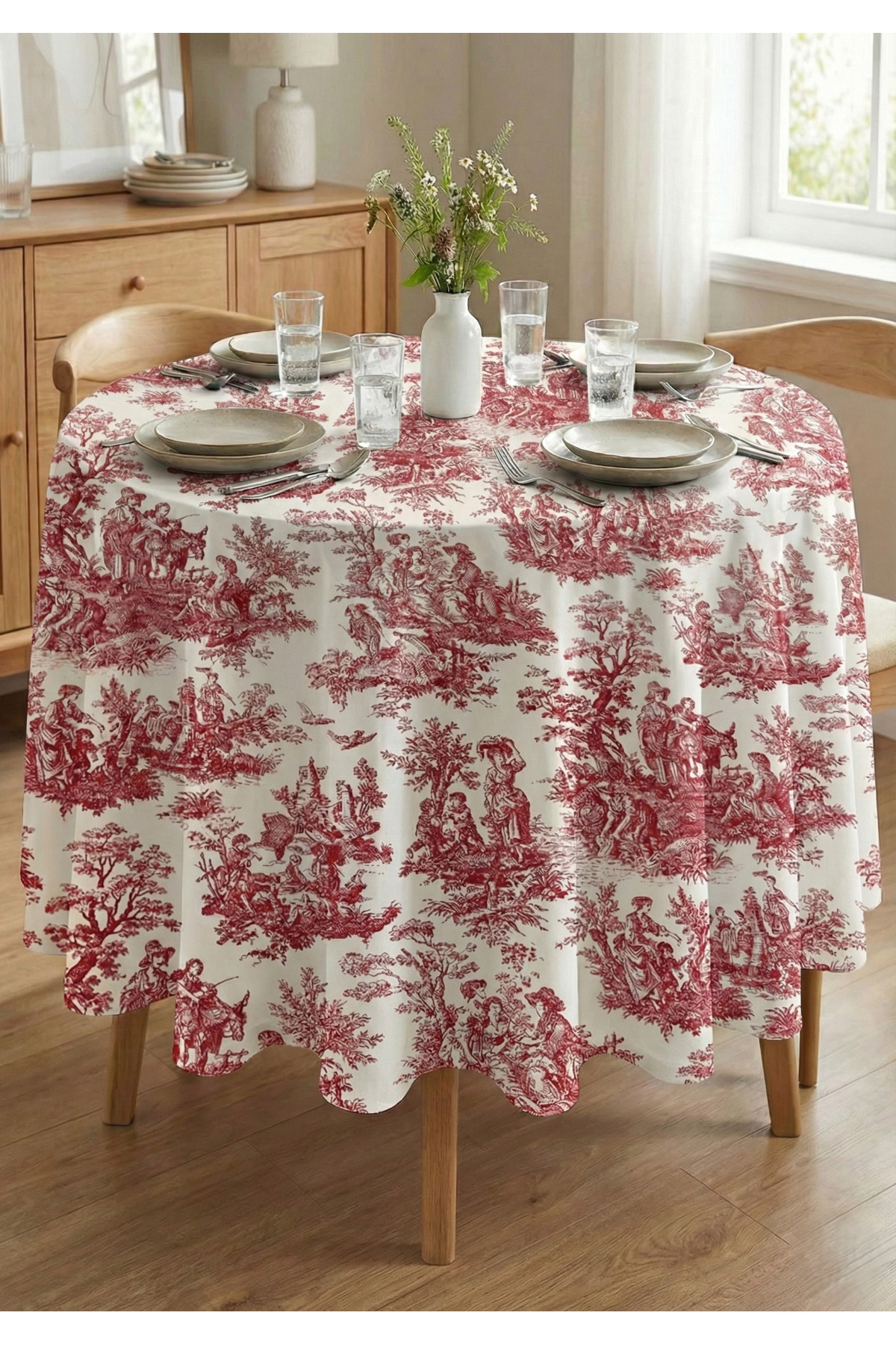 Burgundy English French Peasants Patterned Rustic Vintage Decorative Round Tablecloth