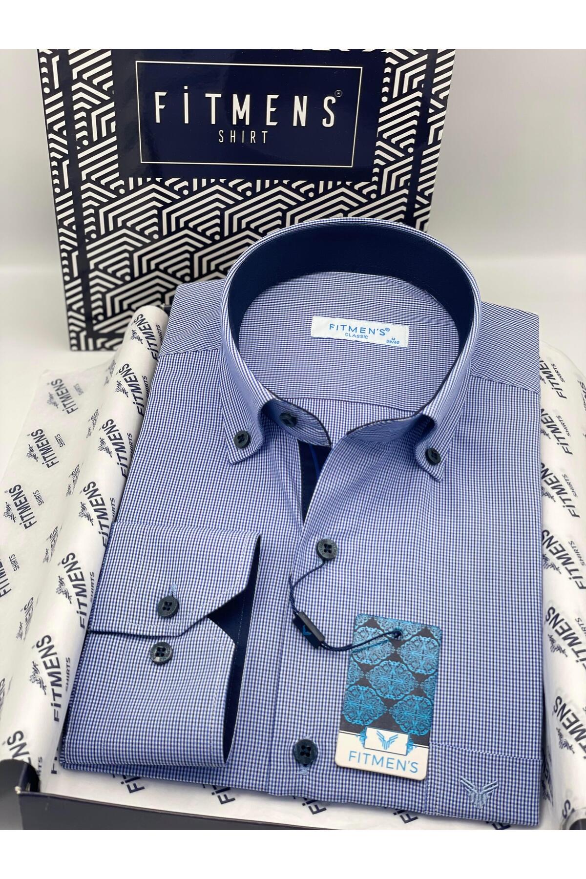 Classic Long Sleeve Plush Plaid Neck Buttoned Gift Boxed Men's Shirt FS-002273-Blue