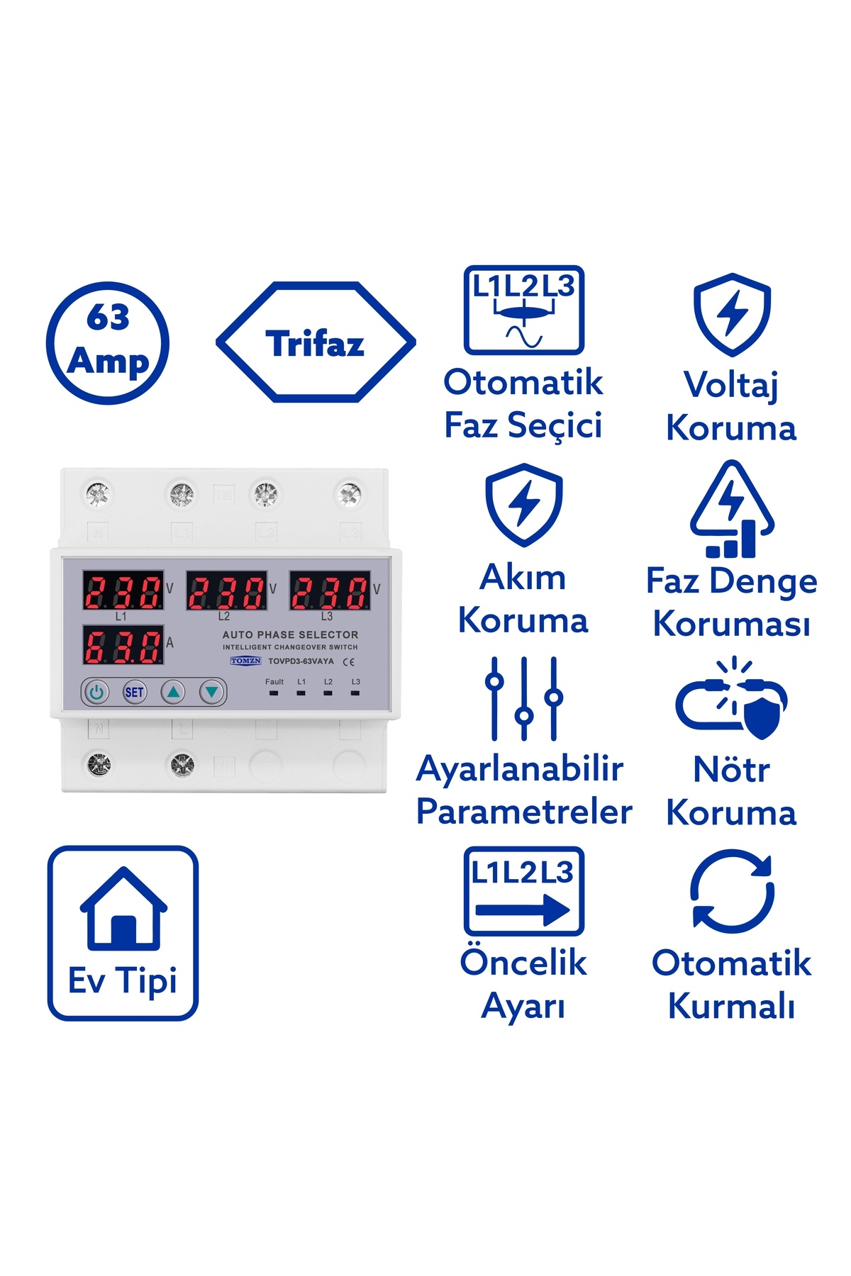 TOMZN Otomatik Faz Seçici ve Yüksek Alçak Voltaj Akım Koruma Rölesi 63A Dahili Kontaktör