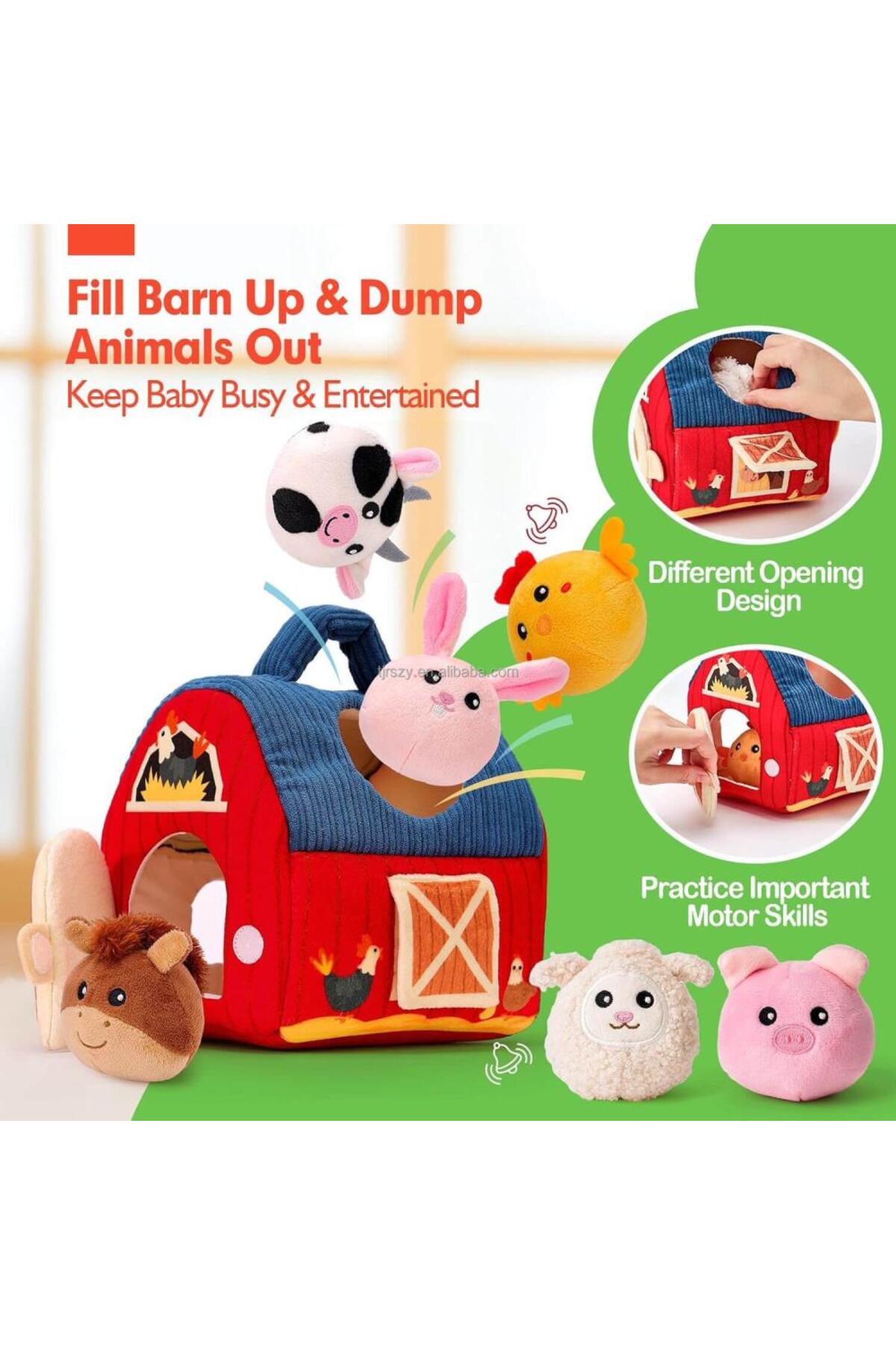 ست اسباب‌بازی مزرعه‌ای پشمالو | اصطبل نرم و قابل حمل | ۶ حیوان مزرعه‌ای بامزه