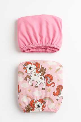 Bebek Özel Pamuklu Çocuk Lastikli Çarşaf 90x190 (2 Adet) Pembe Ve Unicorn