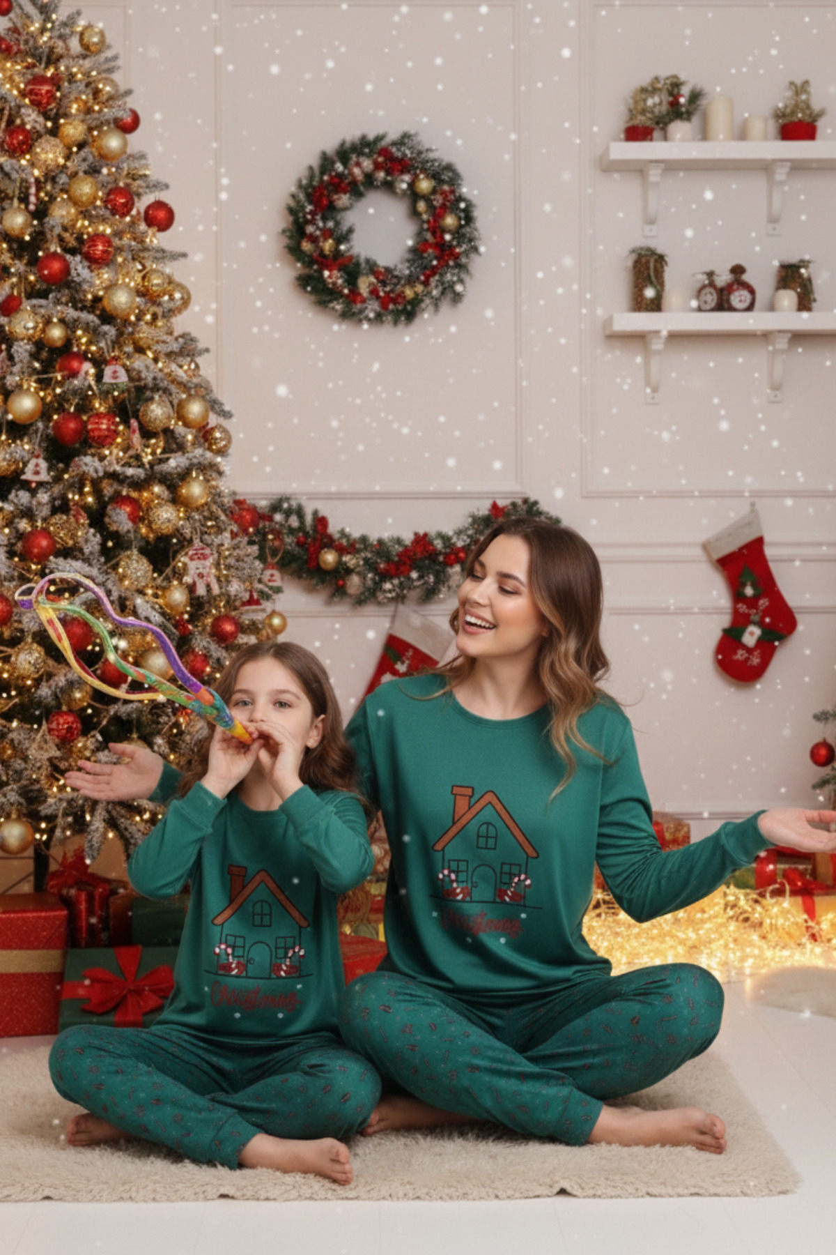 ELİTOL Termal Christmas House Nakışlı Anne–Kız Pijama Takımı