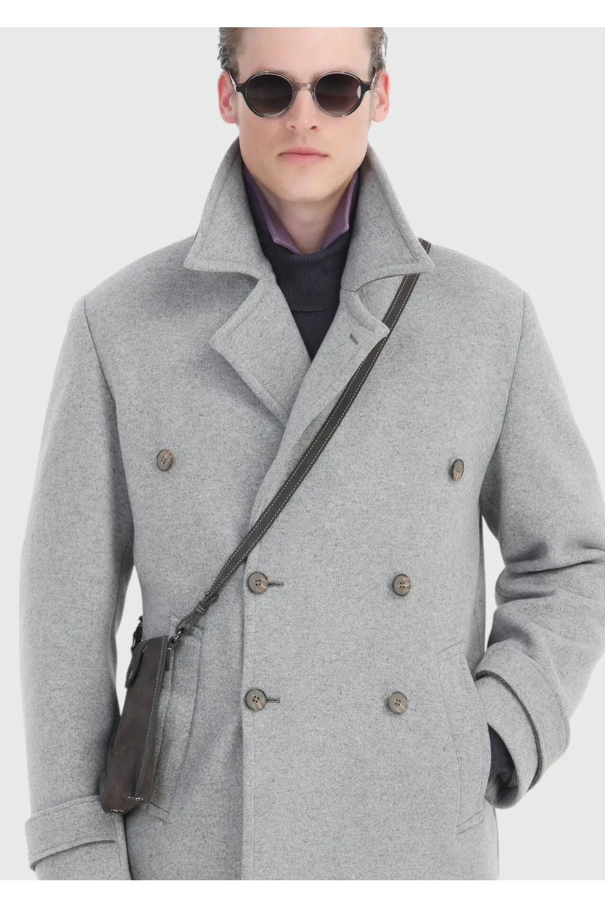 Ramsey  Gri Slim Fit Kruvaze Yaka Casual Örme Palto - Görsel 7