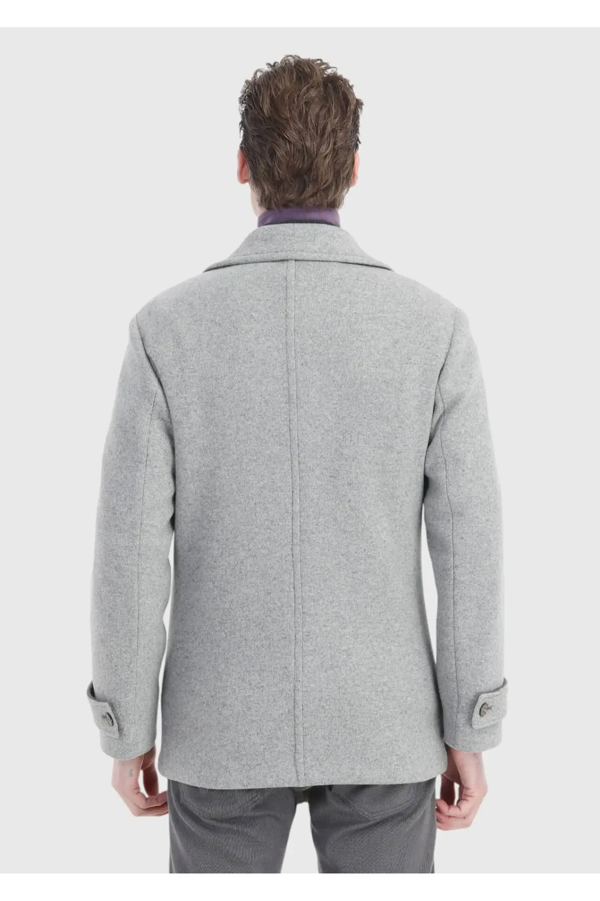 Ramsey  Gri Slim Fit Kruvaze Yaka Casual Örme Palto - Görsel 8