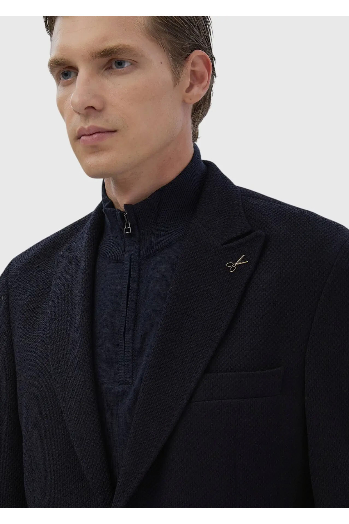 Ramsey  Lacivert Desenli Shirt Shoulder Slim Fit Yün Karışımlı Örme Ceket - Görsel 6