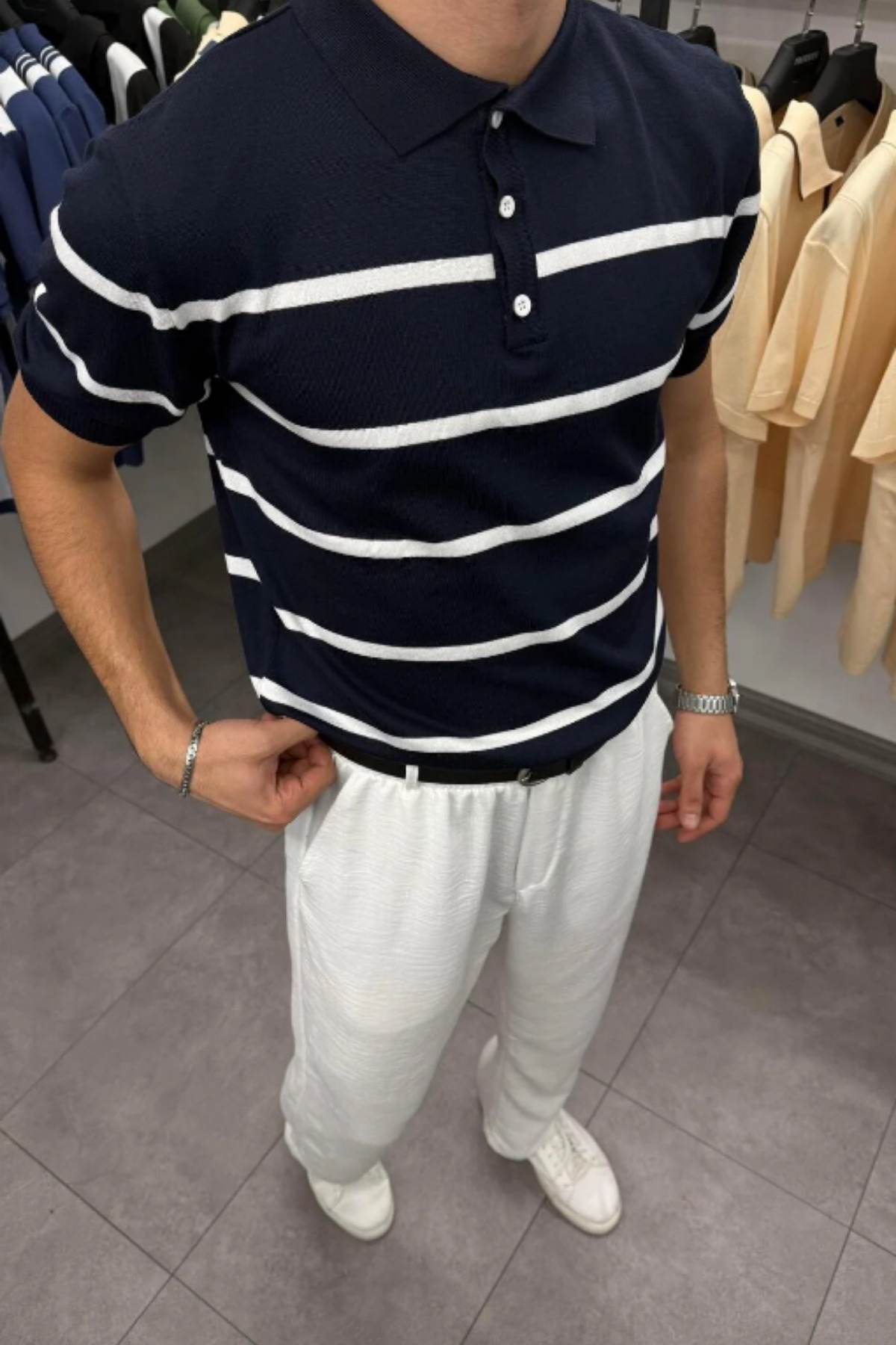 Tarz Cool Men's Navy Blue Buttoned Polo Neck Stripe Detailed Slim Fit Knitwear T-Shirt