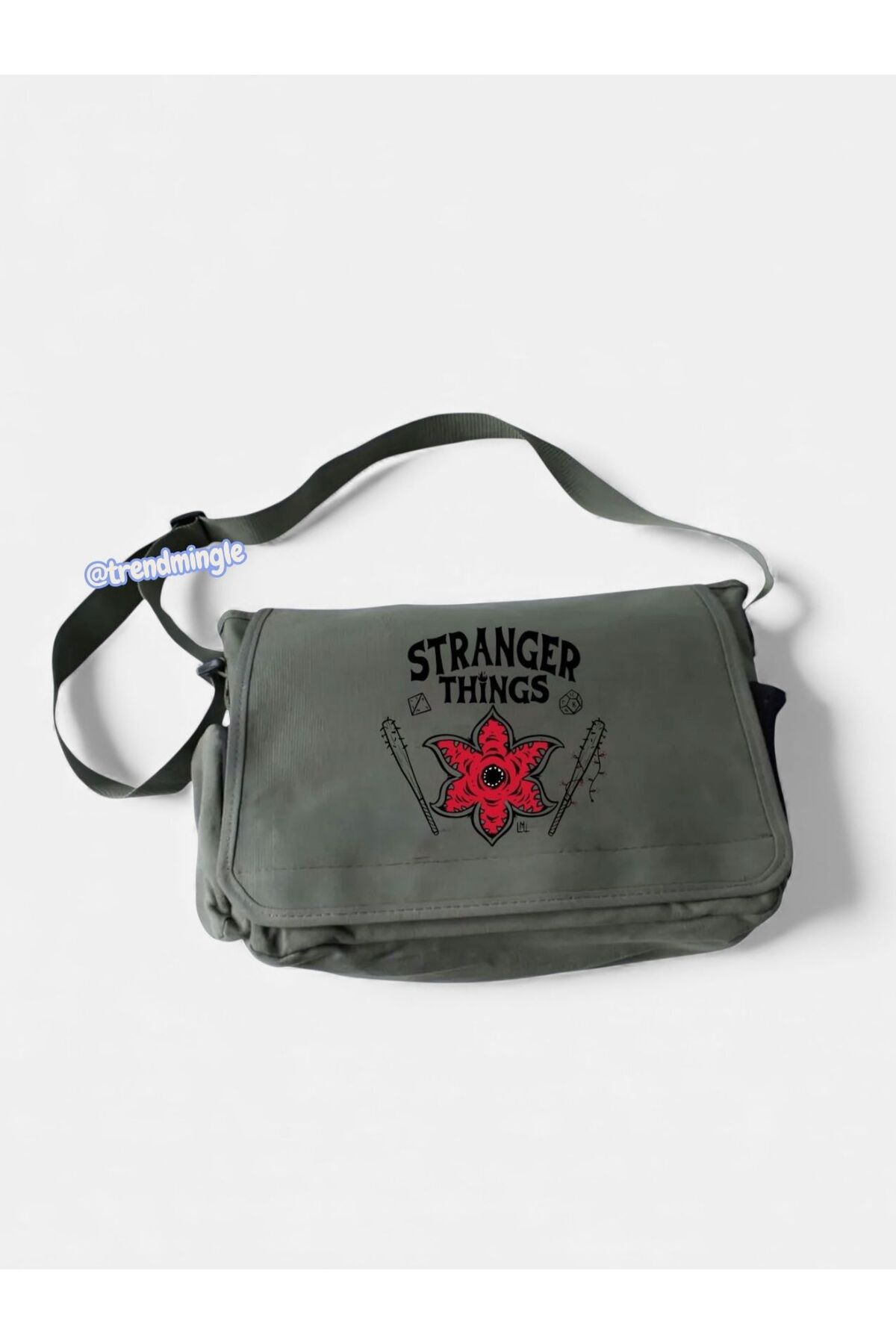 DEEFWEAR  Haki Stranger Things Baskılı Okul , Kurs , Dershane Postacı Çantası-Trendmingle