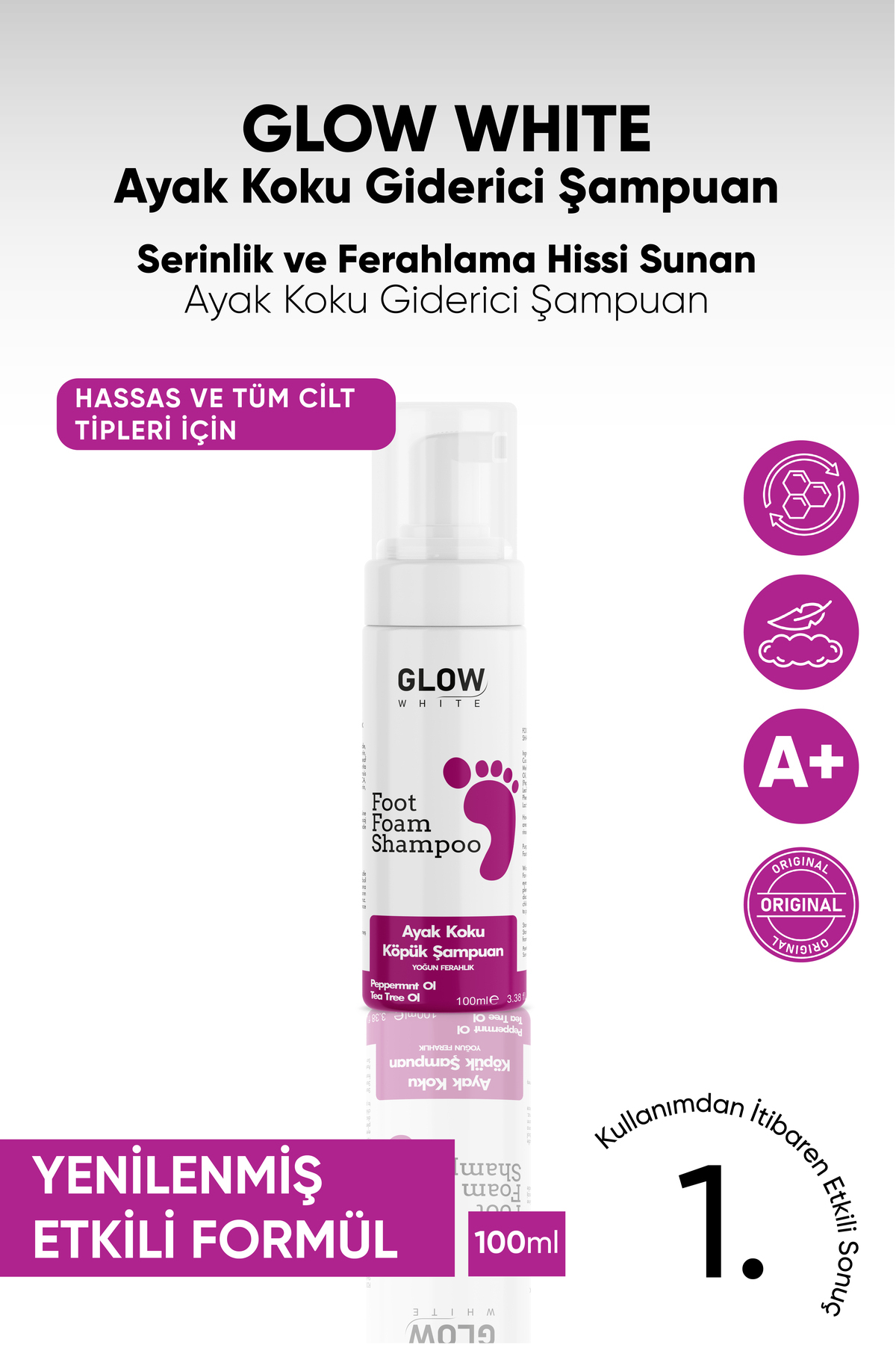 GLOW WHITE Ayak Koku Giderici Köpük Şampuan – Doğal Çay Ağacı ve Nane Yağı Özlü (100 ml) — G-AYAKSAMPUAN-1