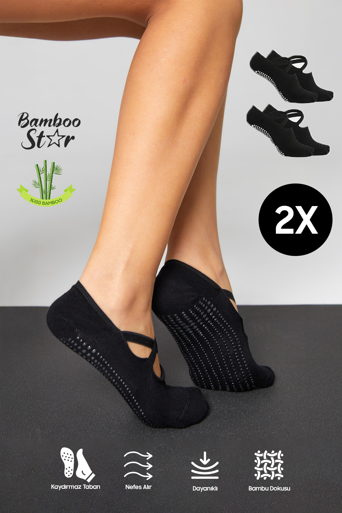 Bambu Women's Black Non-Slip Sole Silicone Print Pilates Yoga Fitness Dance Activity Ballet Socks 2-Pack