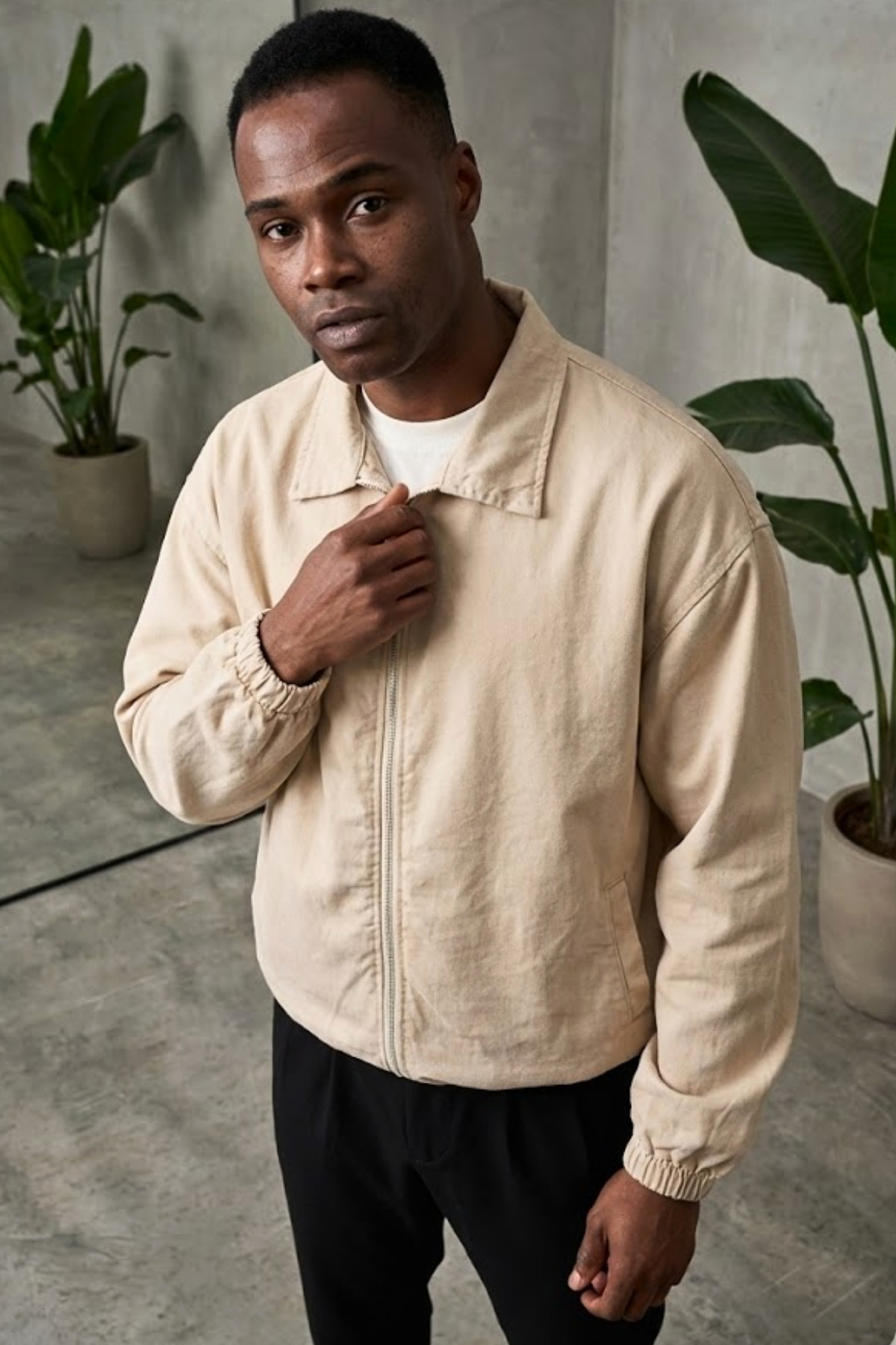 freemen  Erkek Basic Gabardin Kumaş Fermuarlı Oversize Mevsimlik Polo Yaka Bej Ceket - Görsel 2