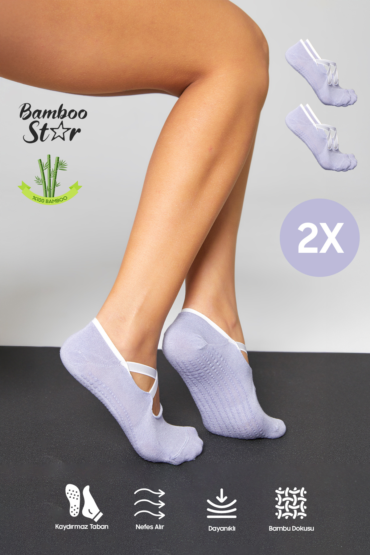 Bambu Women's Lilac Non-Slip Sole Silicone Print Pilates Yoga Fitness Dance Activity Ballet Socks 2-Pack