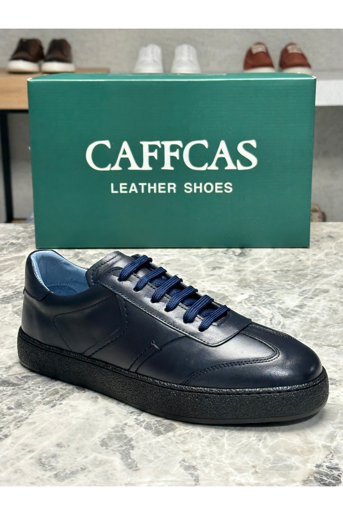 Caffcas Hakiki Deri Lacivert El Yapımı Casual Sneaker Erkek Ayakkabı 03-300