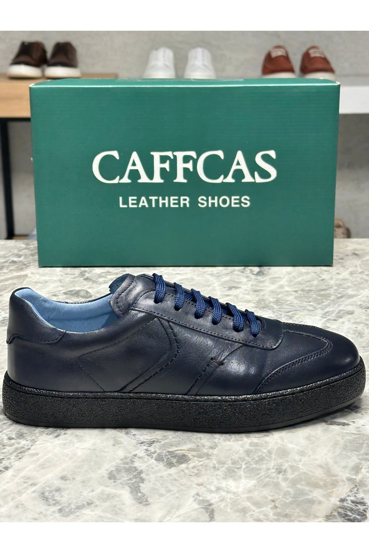 Caffcas Hakiki Deri Lacivert El Yapımı Casual Sneaker Erkek Ayakkabı 03-300 görsel 2