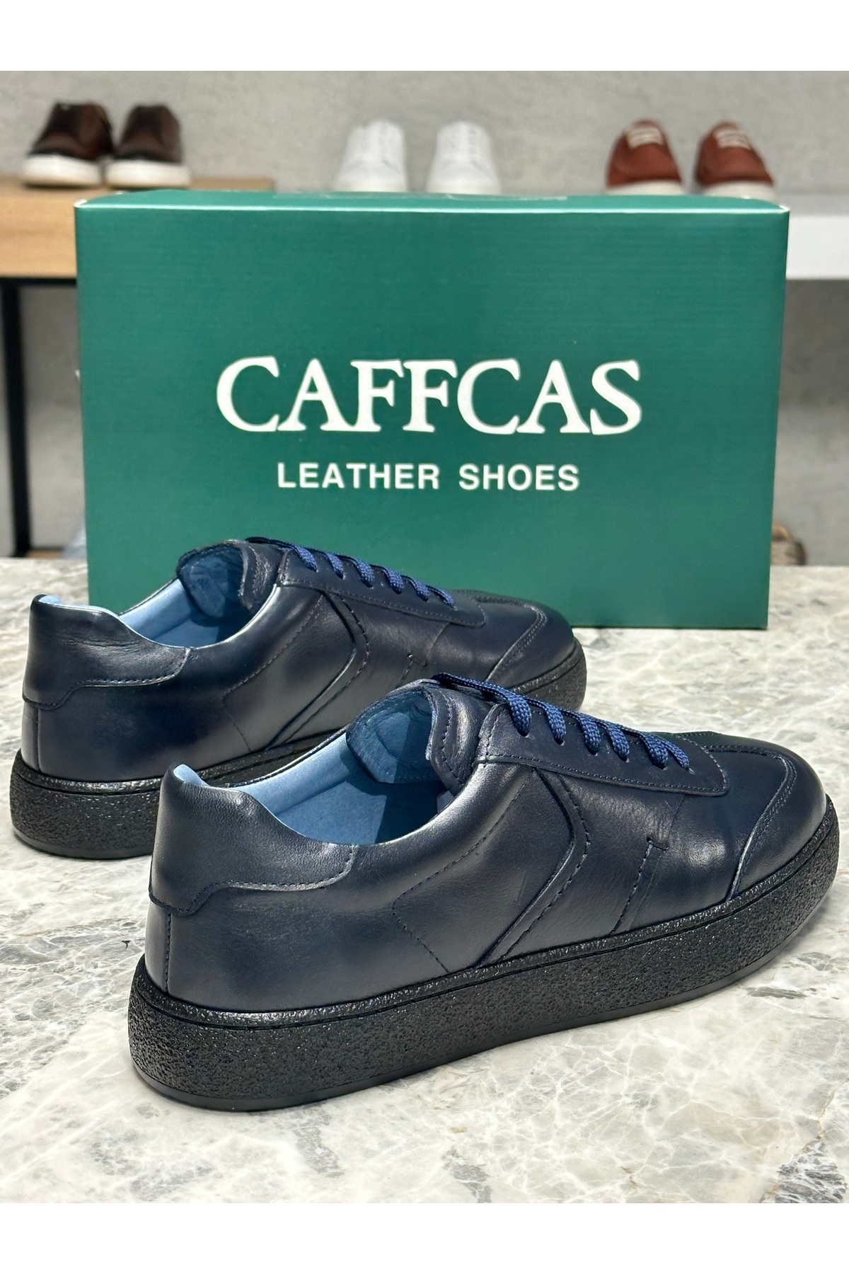 Caffcas Hakiki Deri Lacivert El Yapımı Casual Sneaker Erkek Ayakkabı 03-300 görsel 3