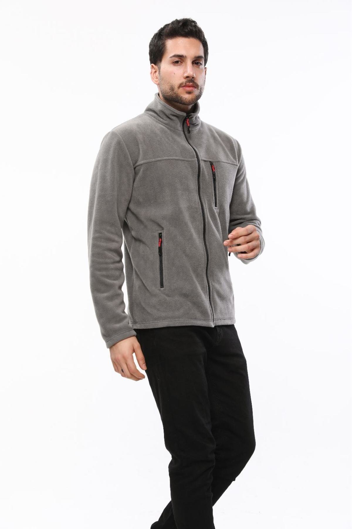 VEGA PORT Unisex Orta Gri Bato Yaka Tam Fermuarlı 3 Cepli Outdoor Polar Ceket görsel 3