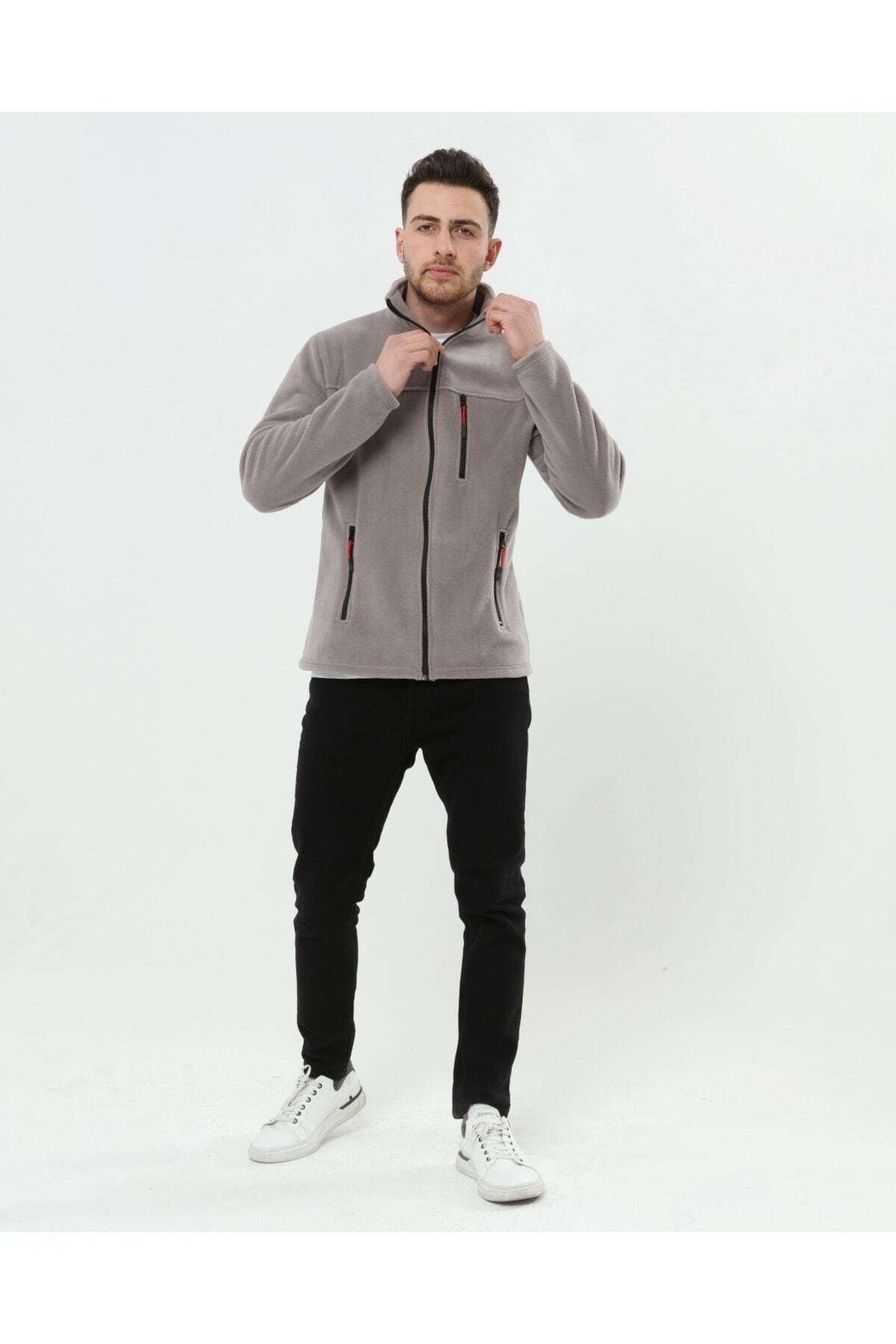 VEGA PORT Unisex Açık Gri Bato Yaka Tam Fermuarlı 3 Cepli Outdoor Polar Ceket görsel 2