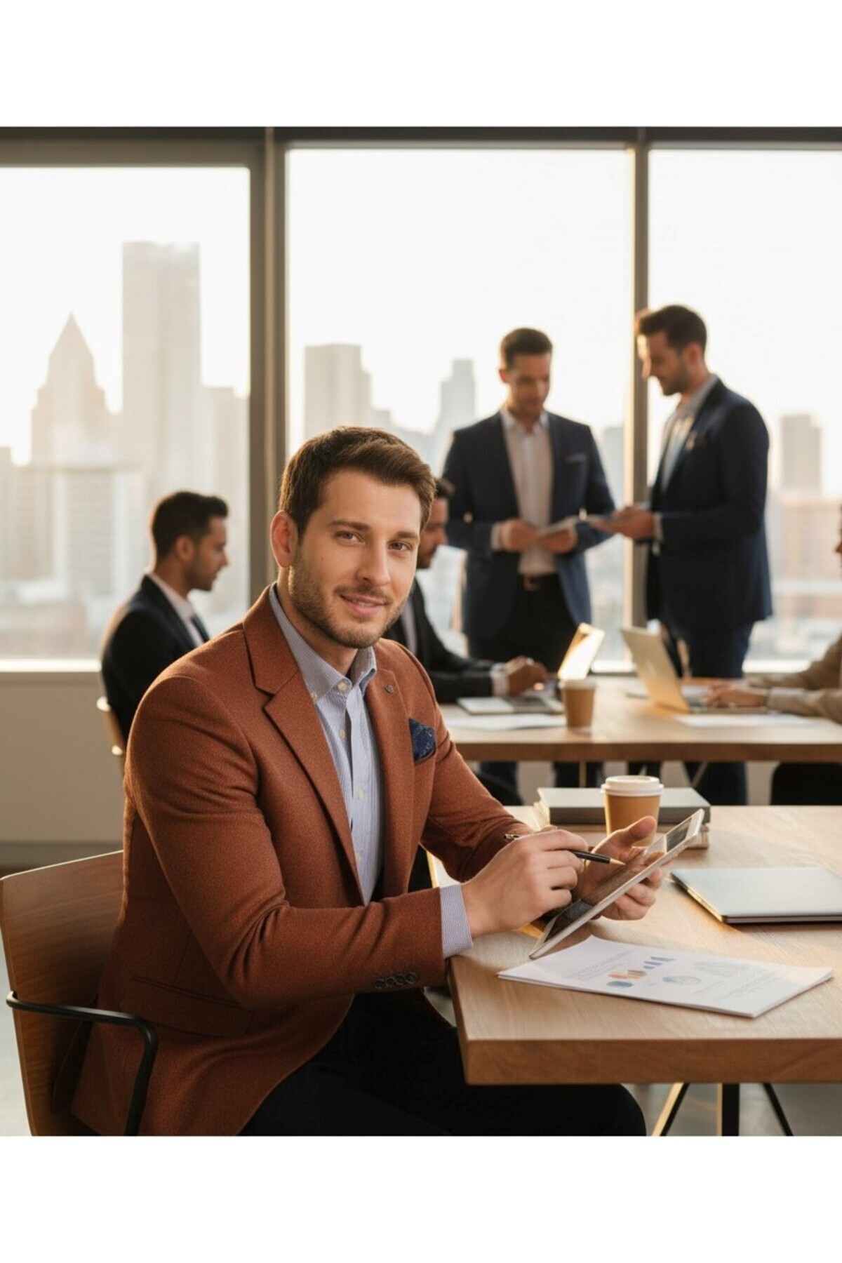 Frappoli  Fevual Erkek Bronz Mono Yaka Diagonel Desenli Slim Fit Blazer Spor Ceket - Görsel 3