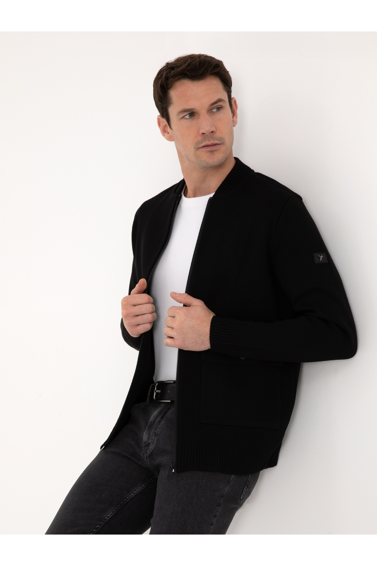 Siyah Slim Fit Yün Karışımlı Tam Fermuarlı Triko Hırka 50310564-VR046 — مشکی — تصویر 3 از 7