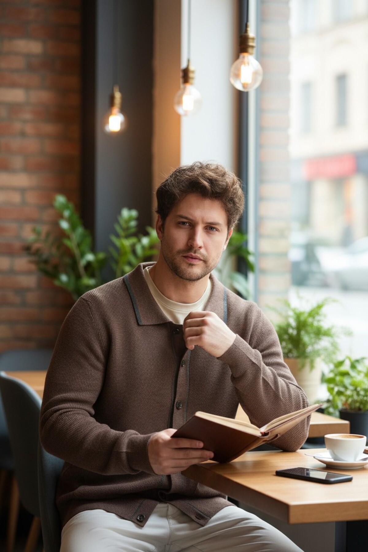 Frappoli  Loix Erkek Kahve Pamuk Karışımlı Selanik Örgü Torba Cepli Triko Hırka - Görsel 2